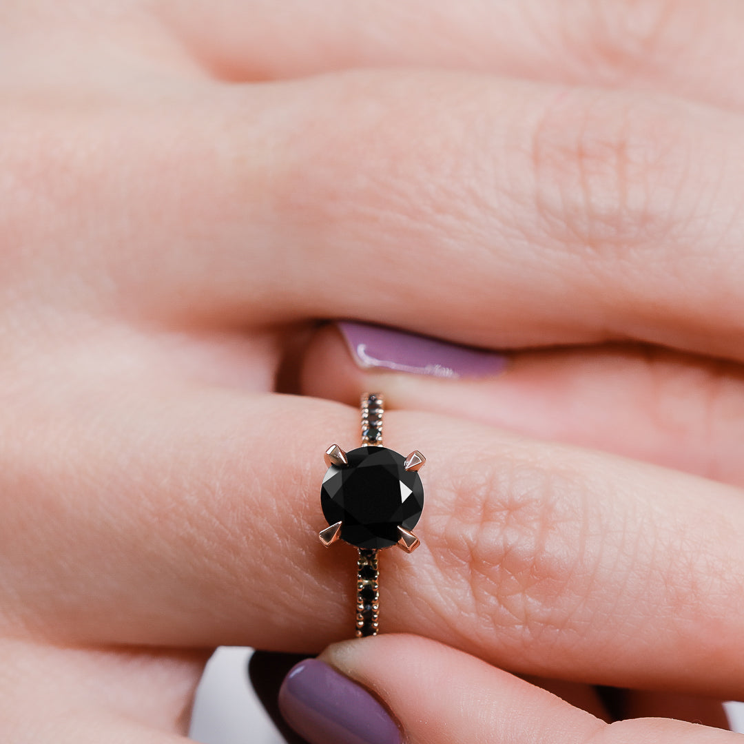 Unique Natural Black Diamond Round Engagement Ring