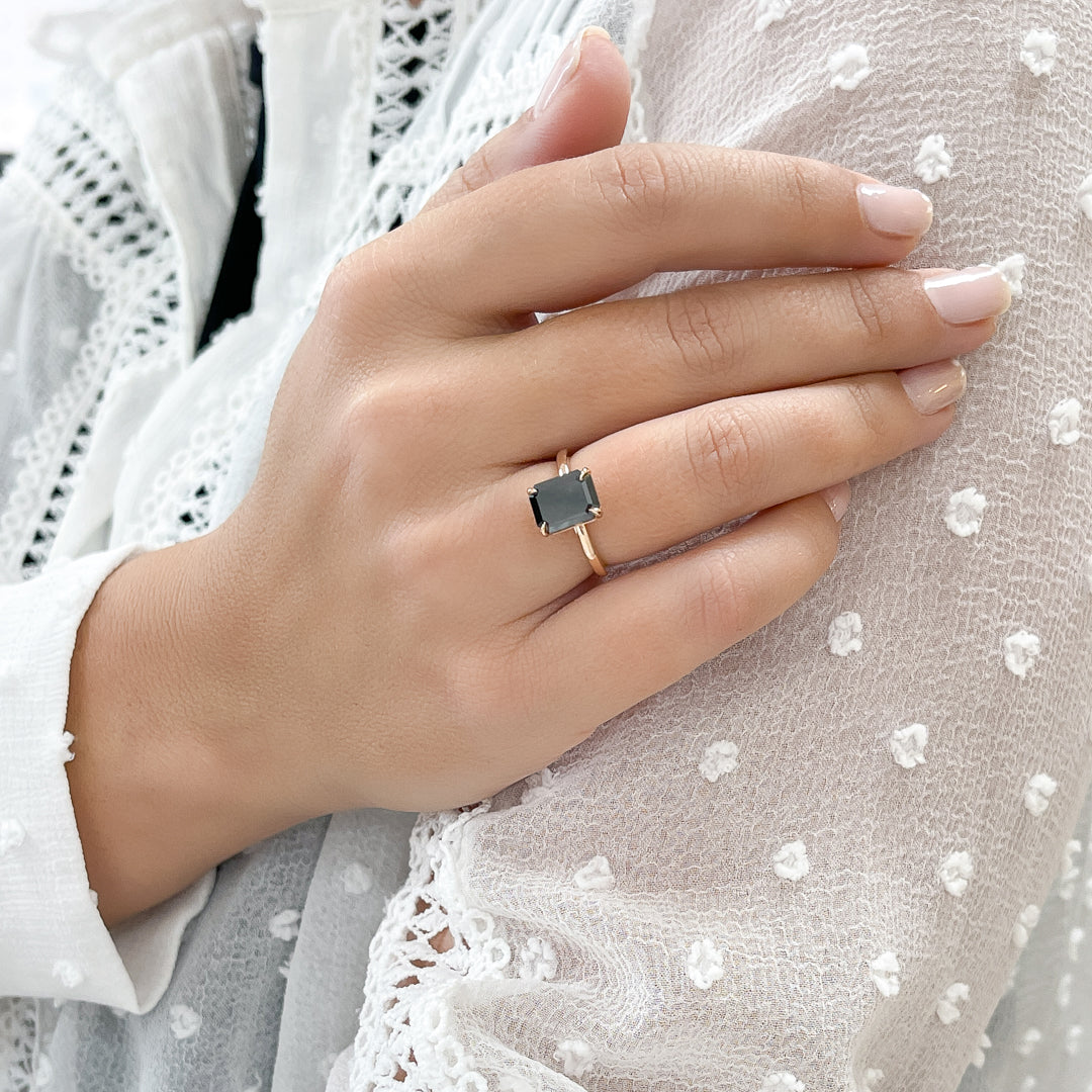 Natural Black Diamond Emerald Cut Engagement Ring
