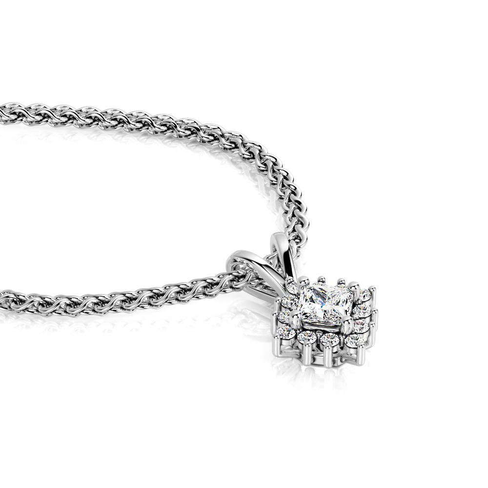 DIagonal Natural Diamond Halo Pendant with a White Necklace