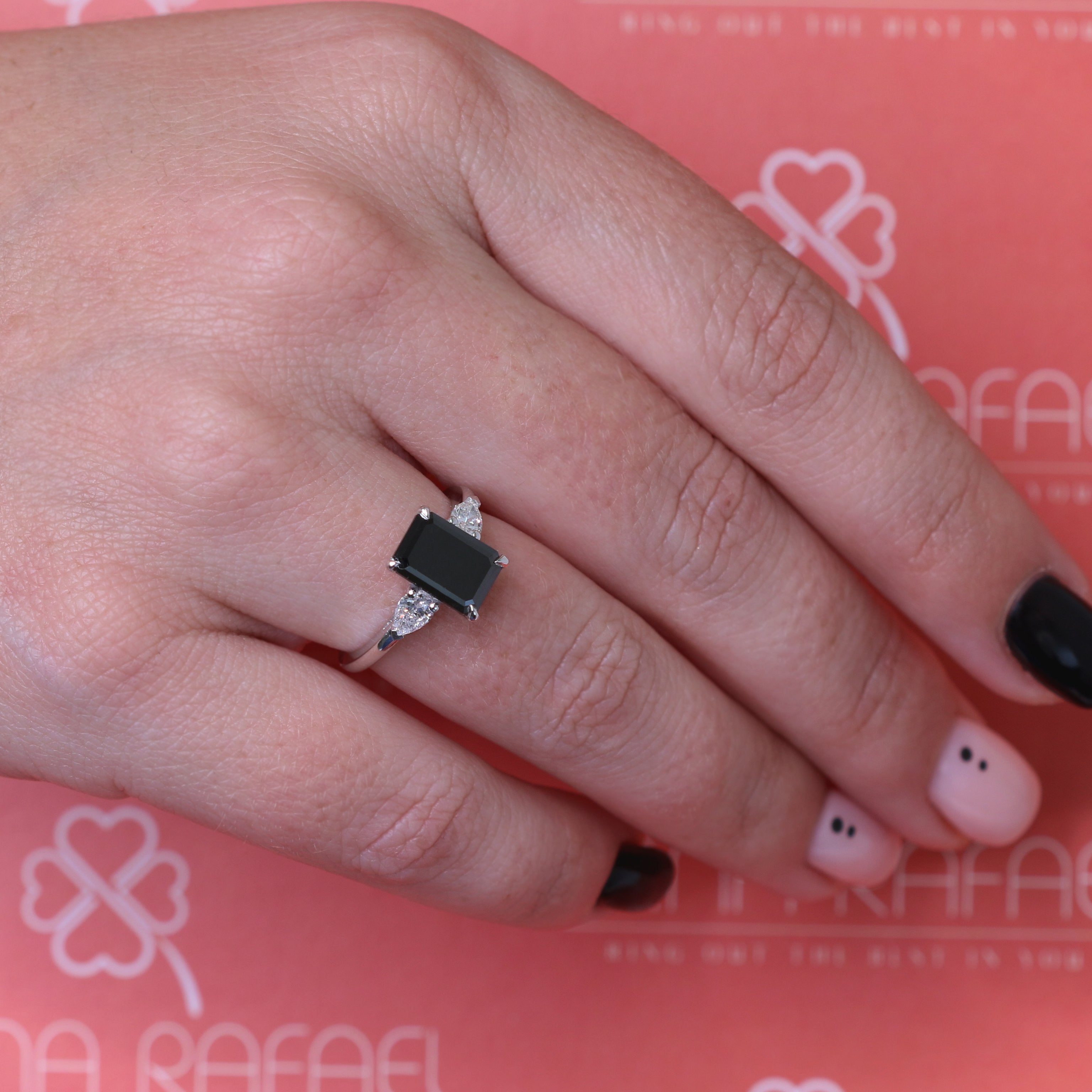 Unique  Natural Black Diamond Emerald Engagement Ring