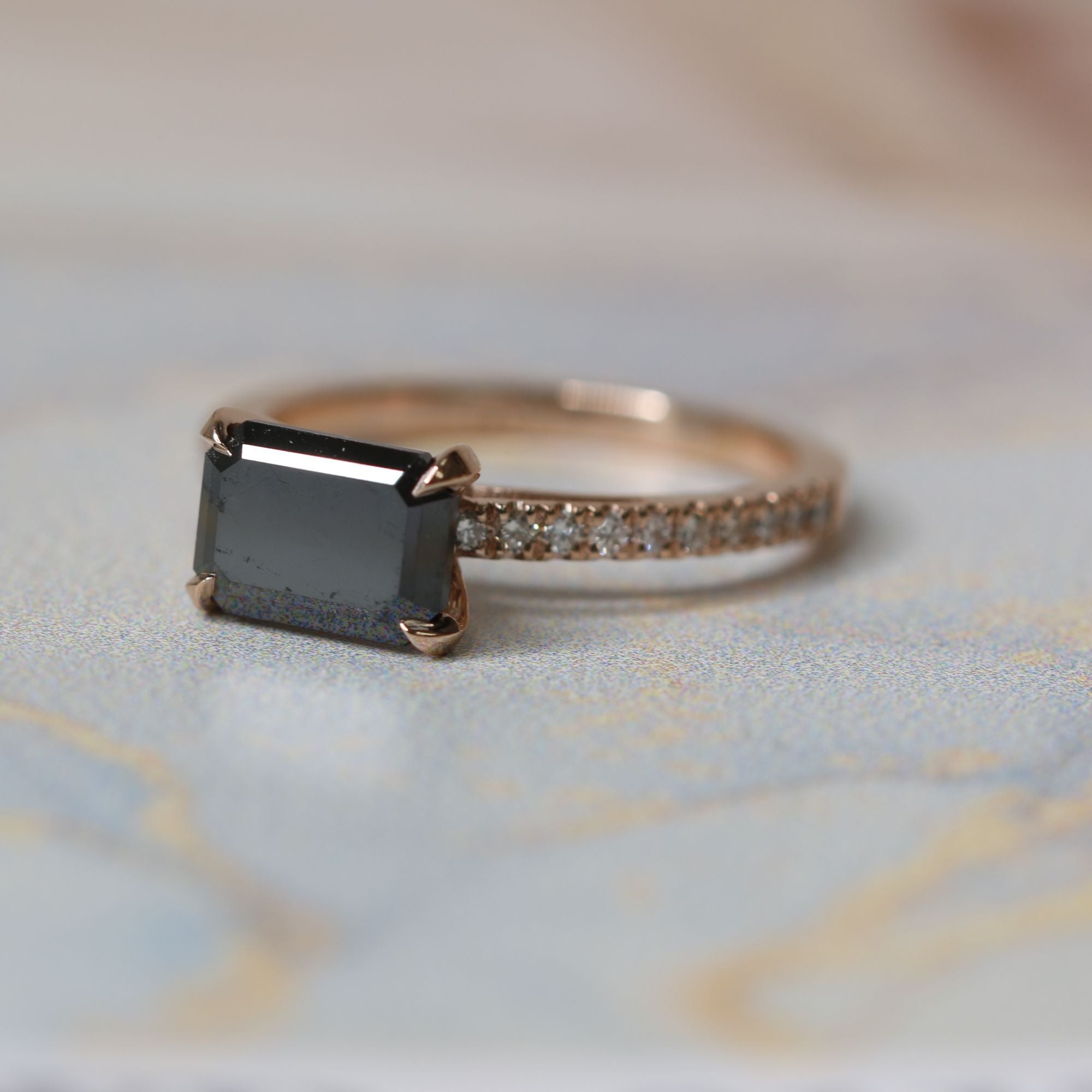 Unique  Natural Black Diamond Emerald Engagement Ring