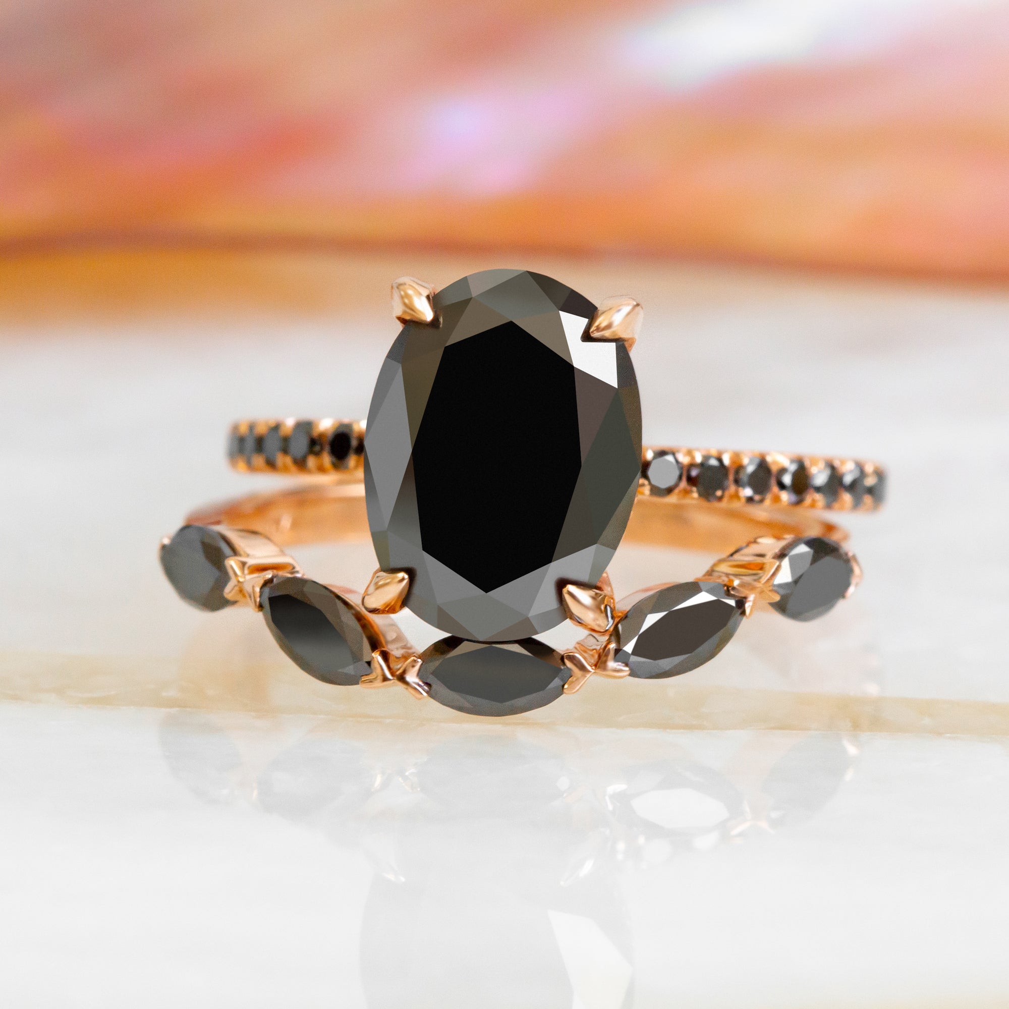 Curved Wedding Ring with Marquise Cut Natural Black Diamonds