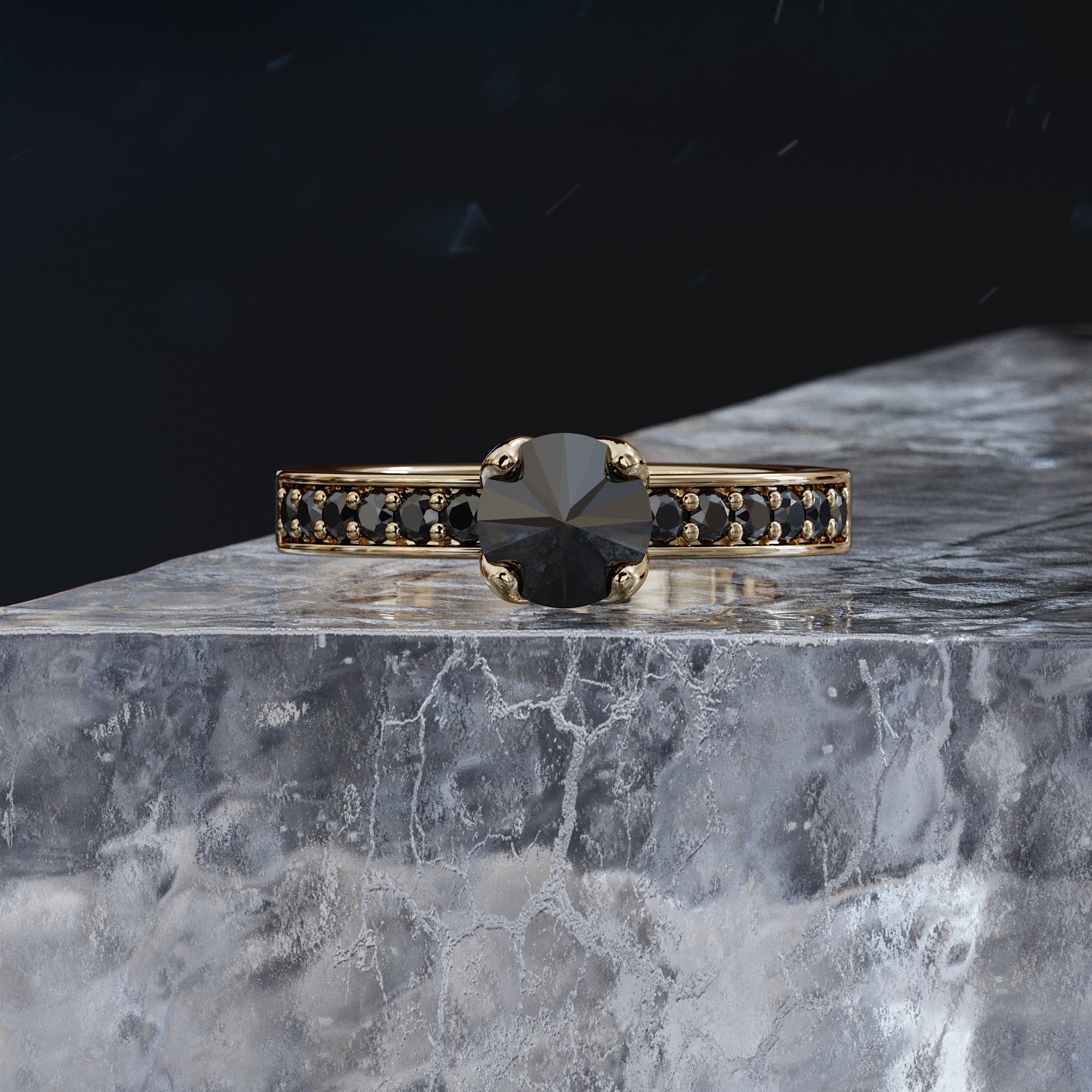 Inverted  Natural Black Diamond Round Engagement Ring