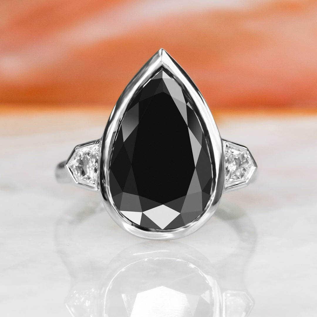 Bezel  Natural Black Diamond Pear Engagement Ring