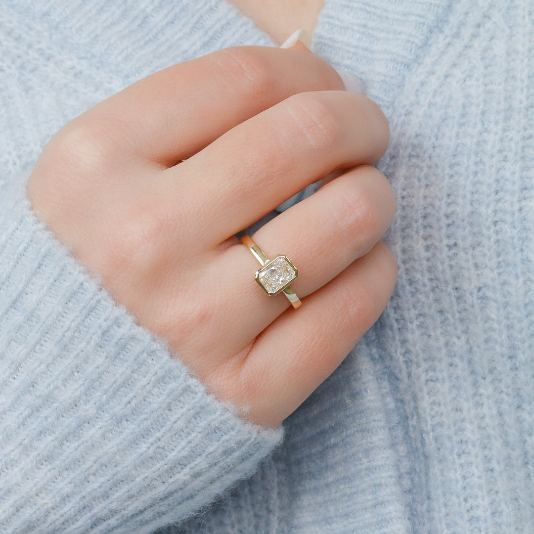 Art Deco Bezel Natural Radiant Cut Diamond Engagement Ring