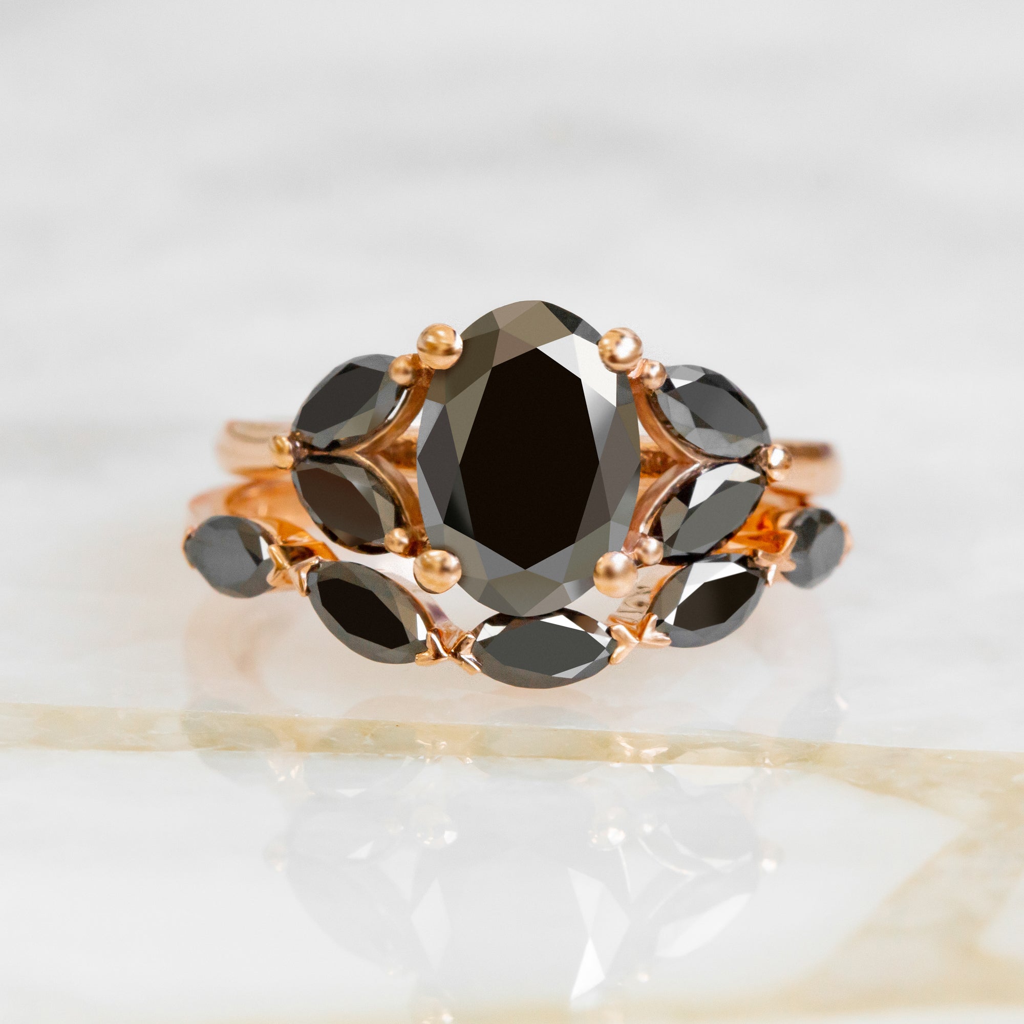 Curved Wedding Ring with Marquise Cut Natural Black Diamonds