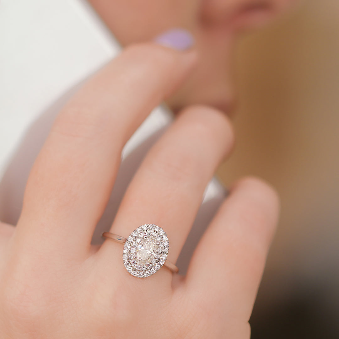 Double Halo Natural Oval Cut Diamond Engagement Ring
