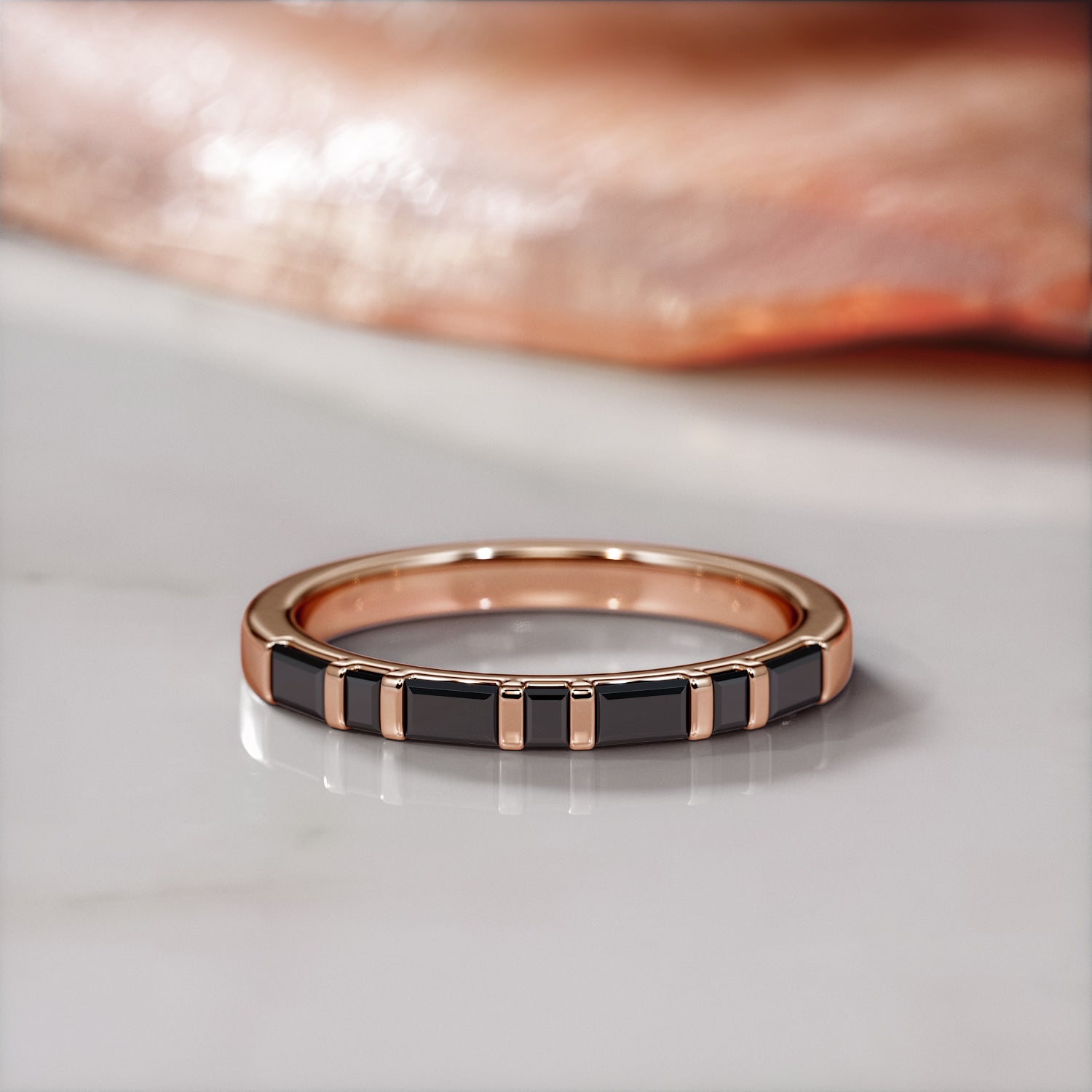 Geometric Wedding Ring with Baguette Cut Natural Black Diamonds