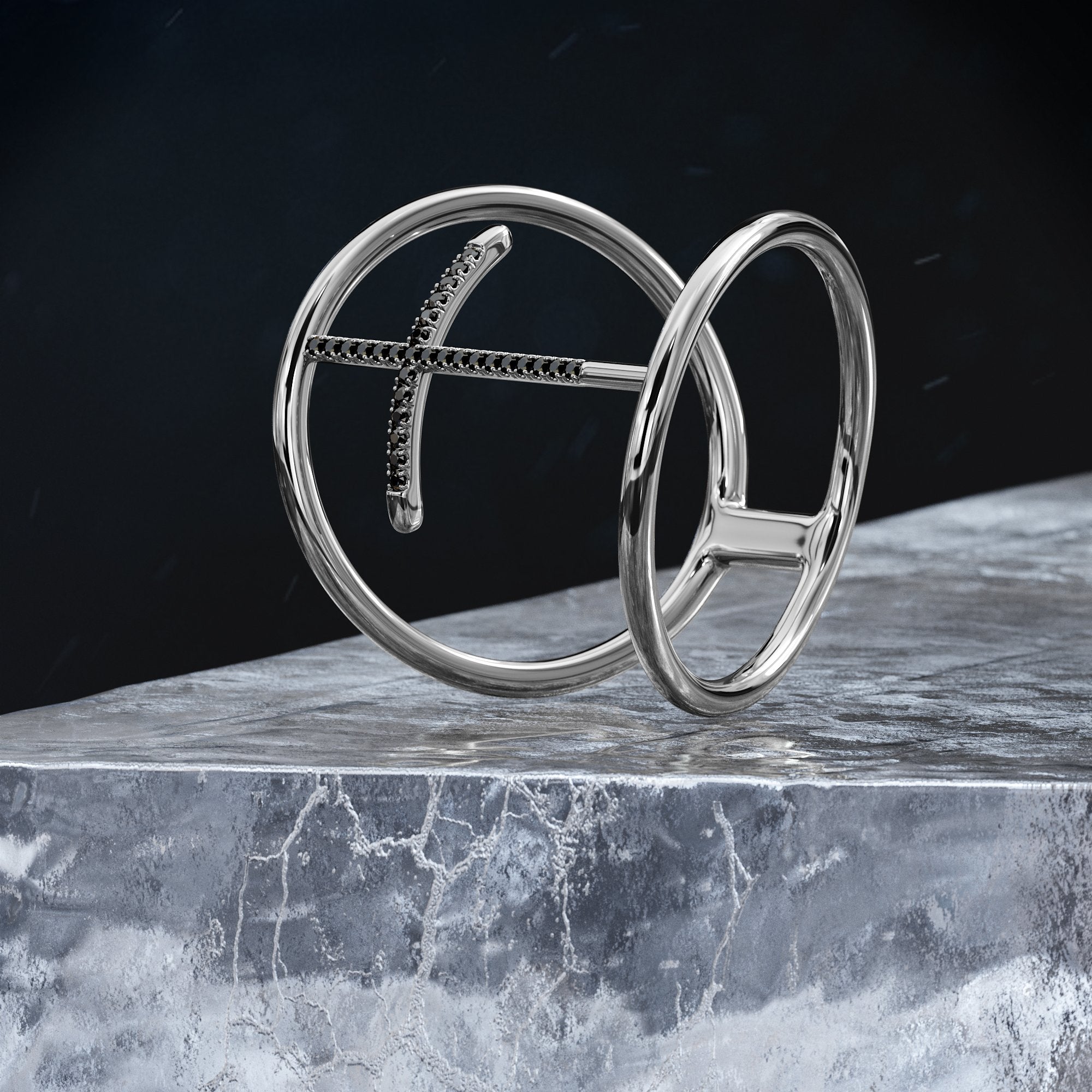 Boomerang - Unique Wedding Ring with Round Cut Natural Black Diamonds