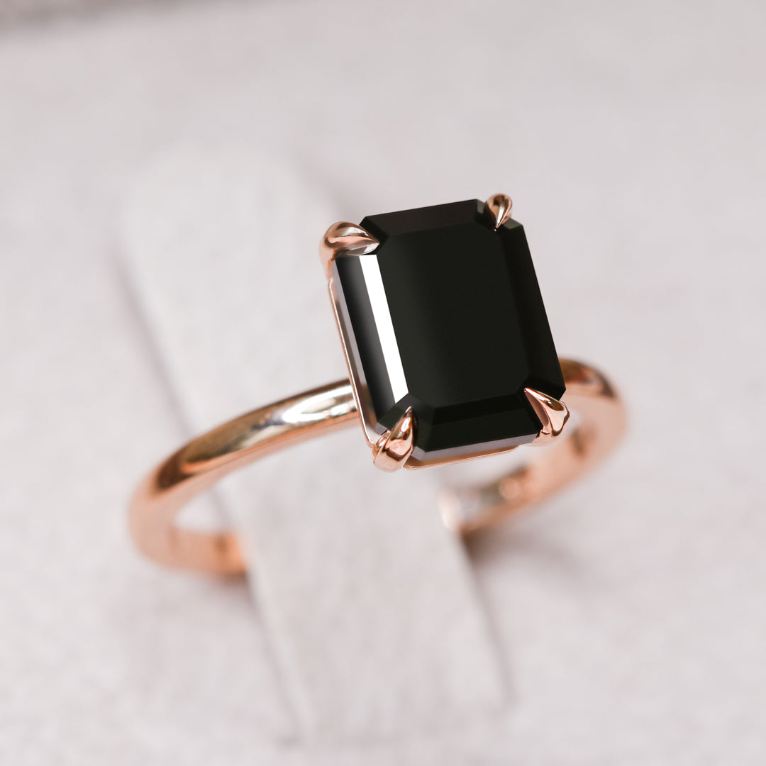 Natural Black Diamond Emerald Cut Engagement Ring