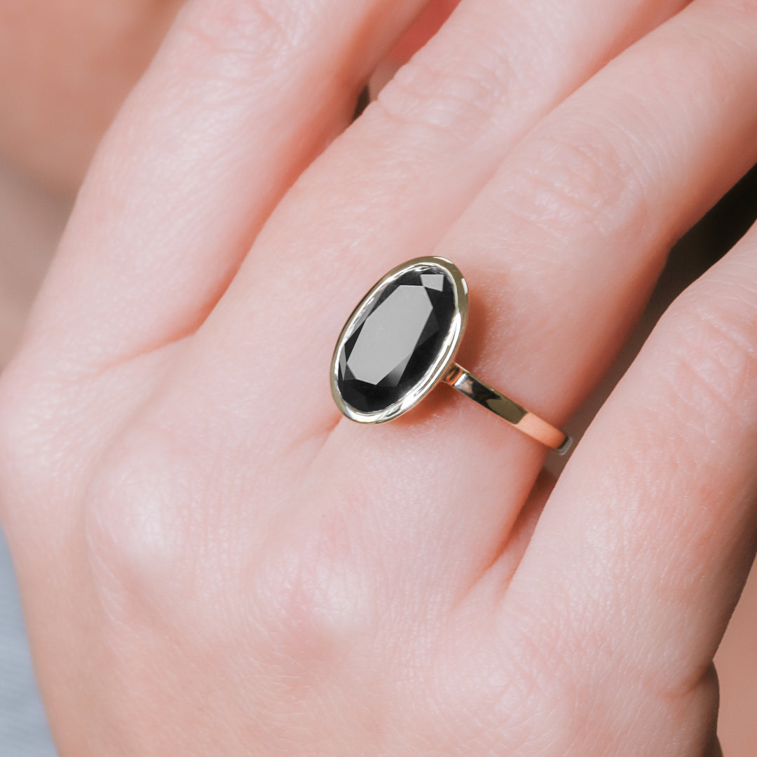 Bezel  Natural Black Diamond Oval Engagement Ring