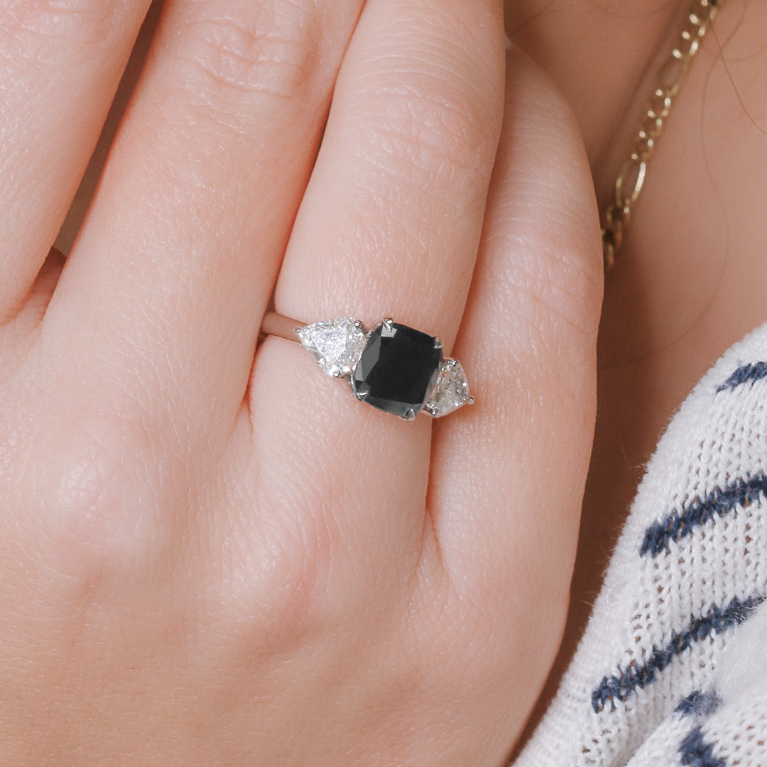 Three Stone  Natural Black Diamond Cushion