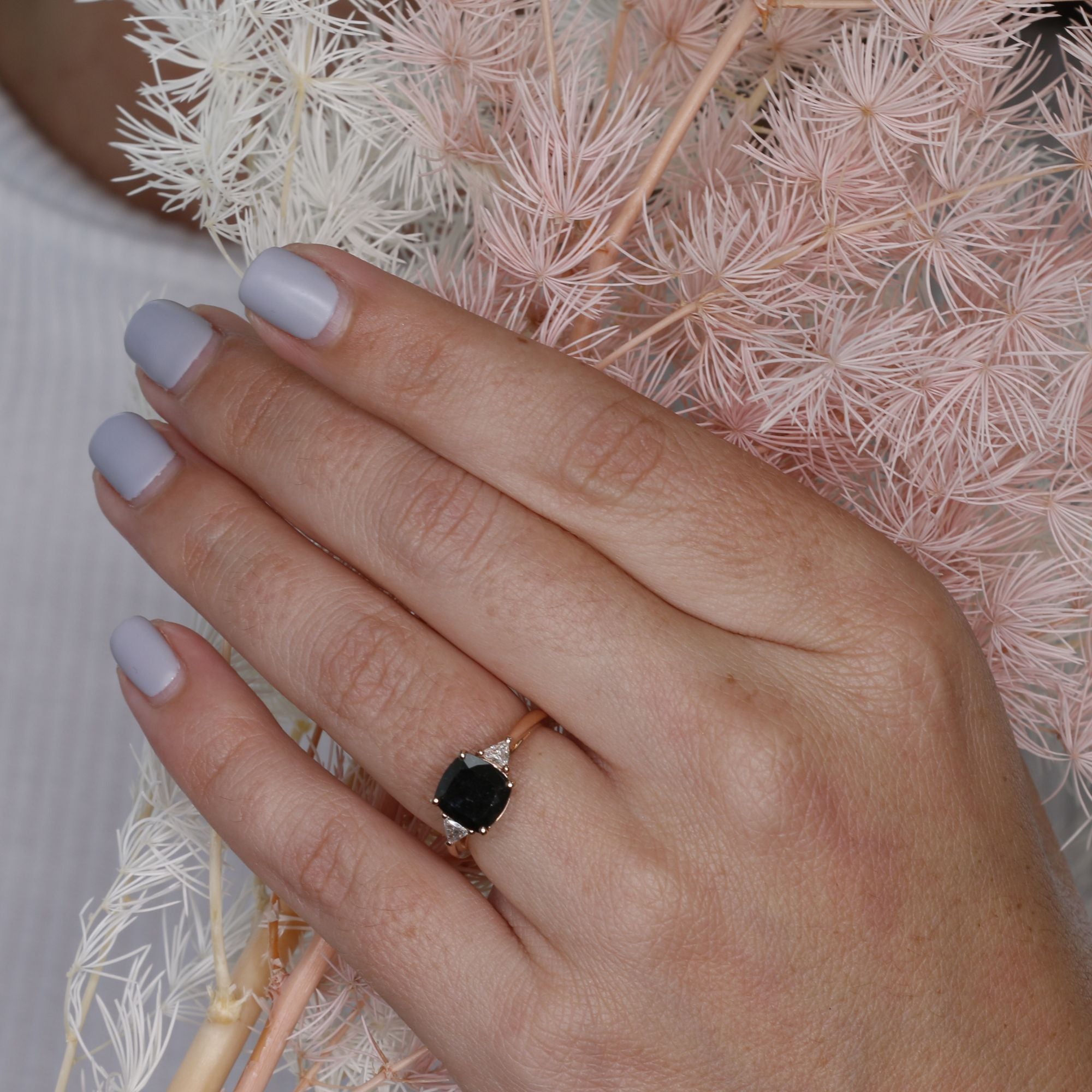 Unique  Natural Black Diamond Cushion Engagement Ring