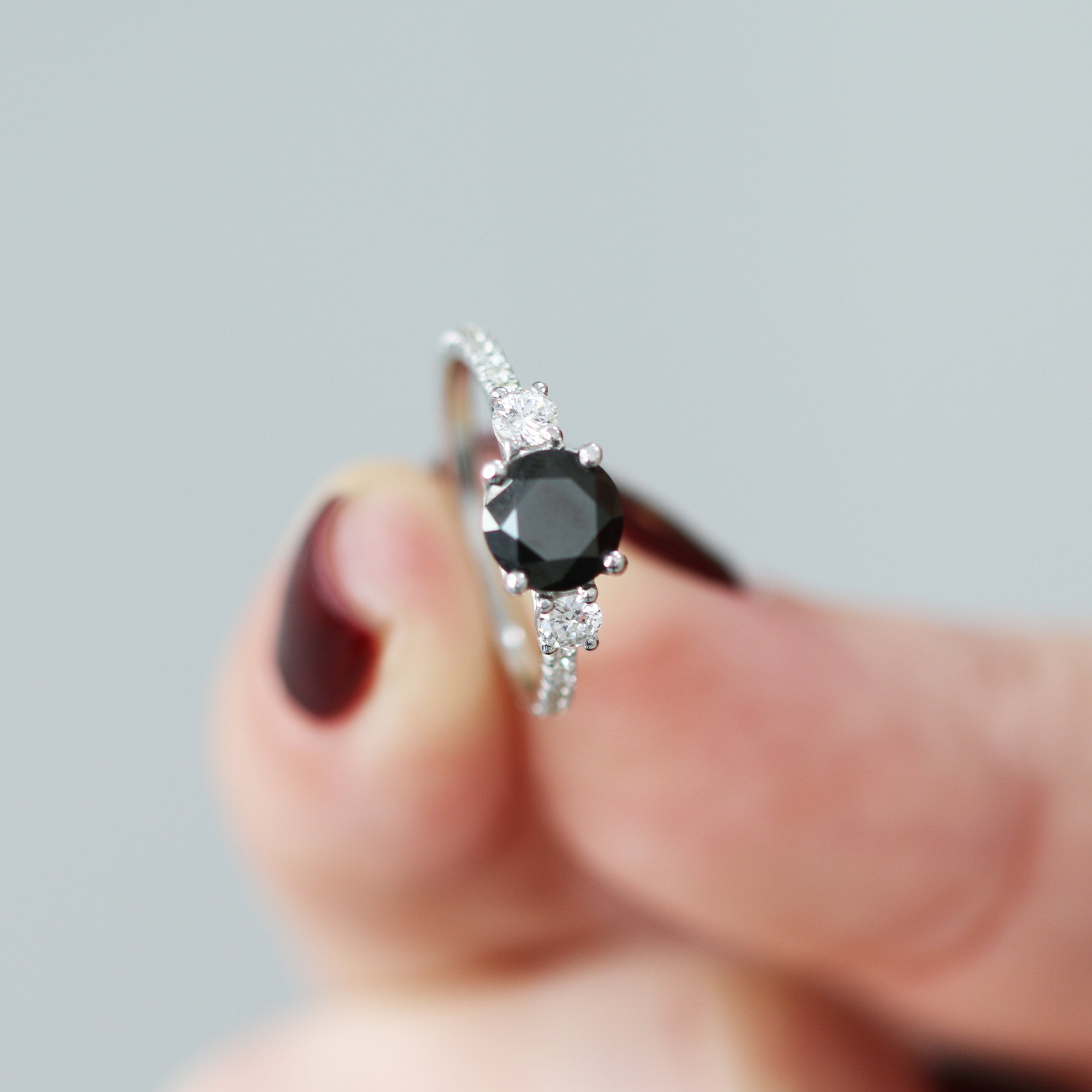 Unique  Natural Black Diamond Round Engagement Ring