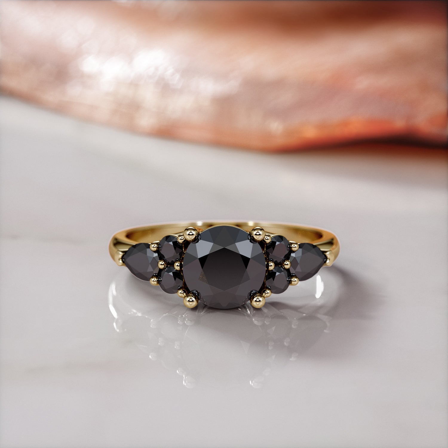 Art Deco 3-stone  Natural Black Diamond Round Engagement Ring