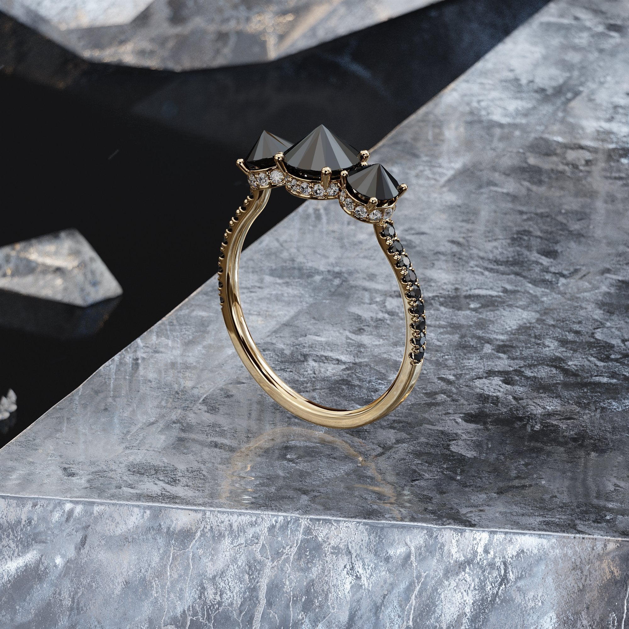 Unique  Natural Black Diamond Round Engagement Ring