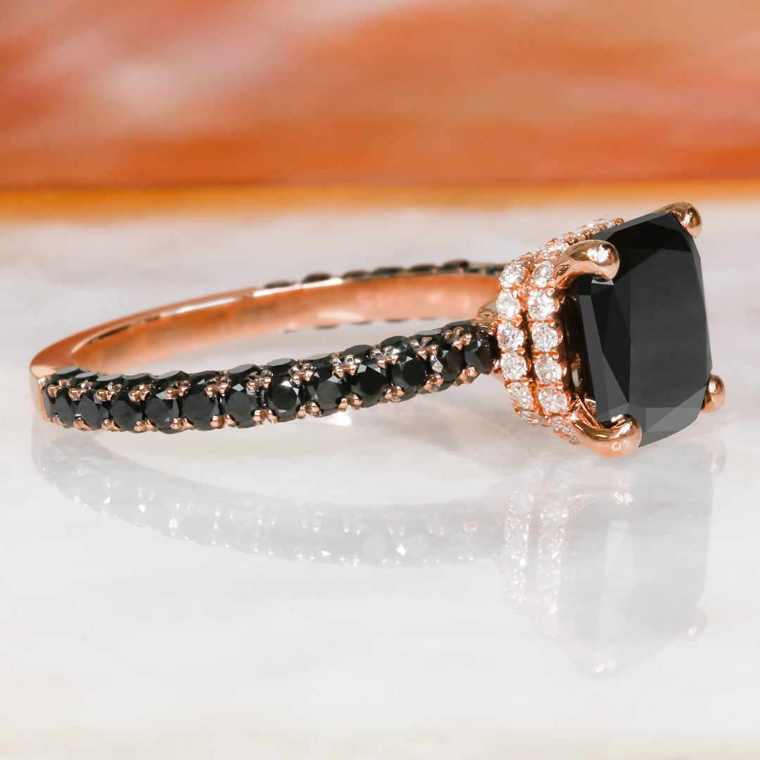 3.44 Carats Double Hidden Halo Three-Sided Black & White Natural Diamond Cushion Cut