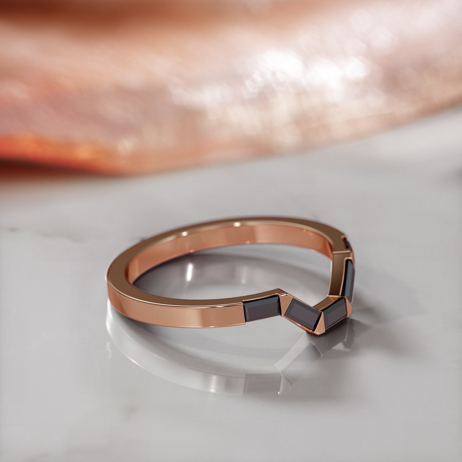Black Widow - Geometric Wedding Ring with Baguette Cut Natural Black Diamonds