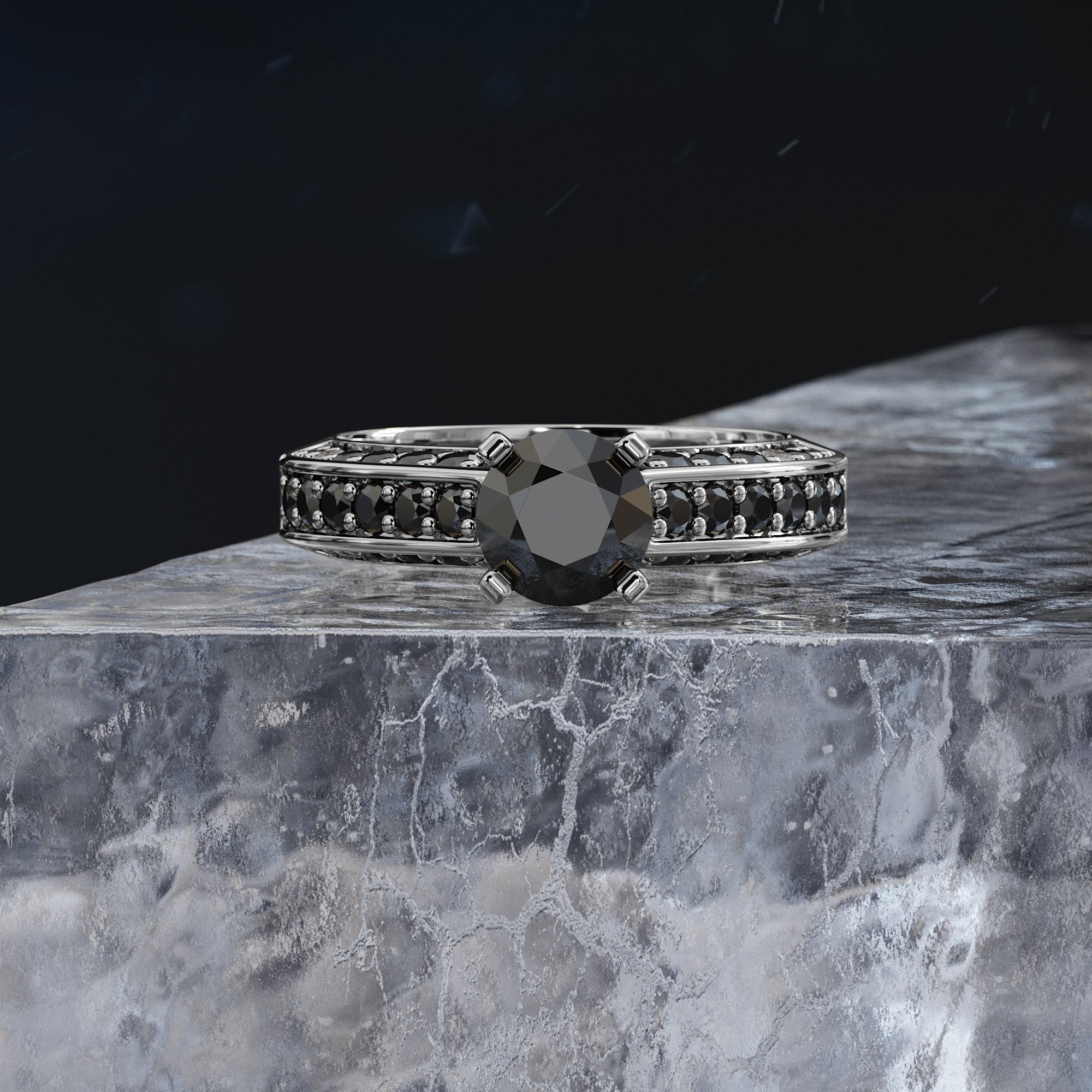 Art Deco Natural Black & White Round Diamond Ring in White Gold