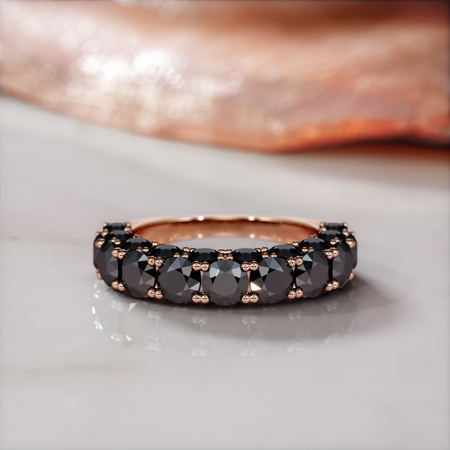 3-Row Wedding Ring with Round Cut Natural Black Diamonds