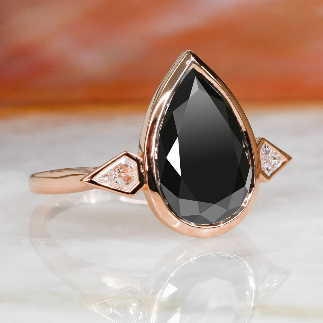 Three Stone  Natural Black Diamond Pear Engagement Ring