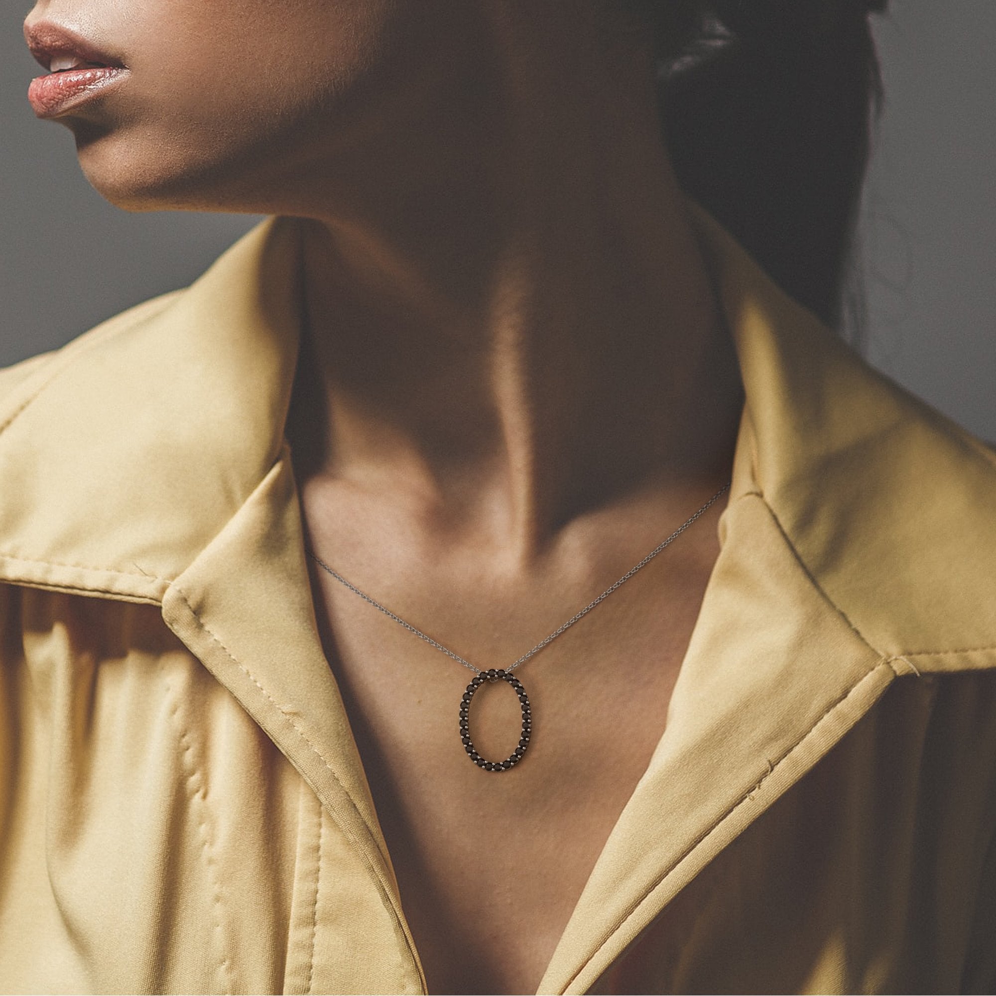 Oval Natural Black Diamond Alternative Pendant with a White Necklace