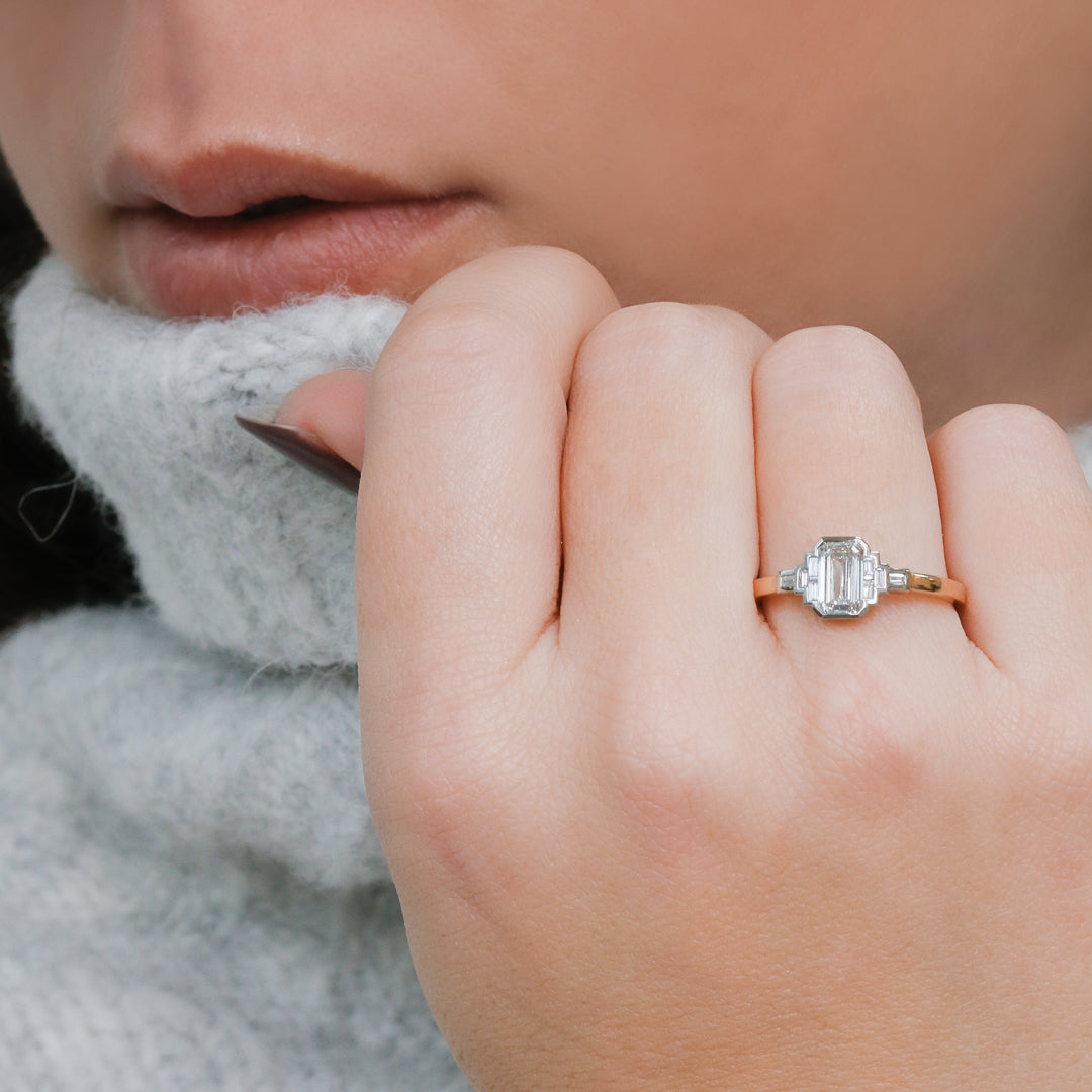 Emerald Cut & Baguette Art Deco Natural  Diamond Engagement Ring