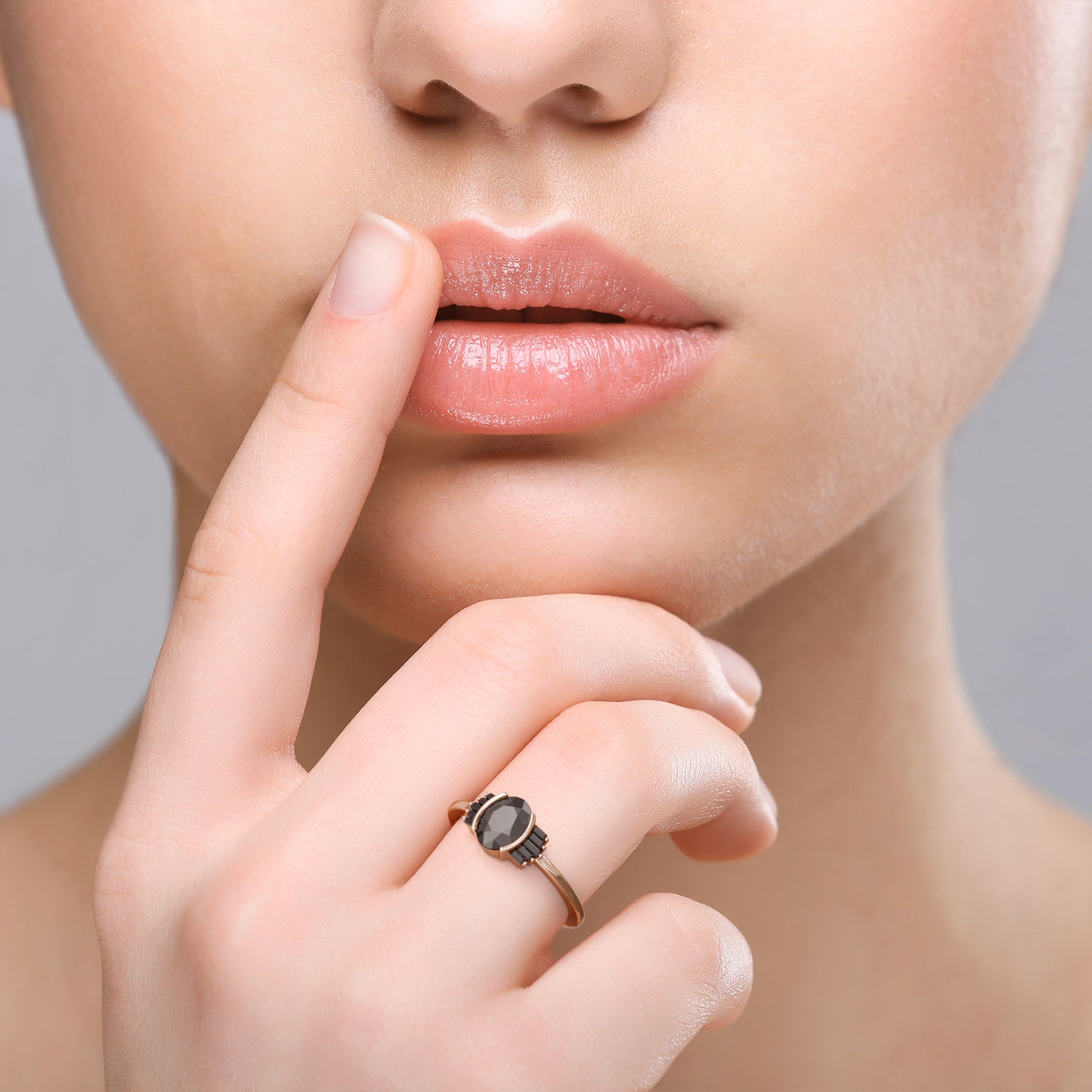 Art Deco Natural Black Diamond Oval & Baguette Engagement Ring