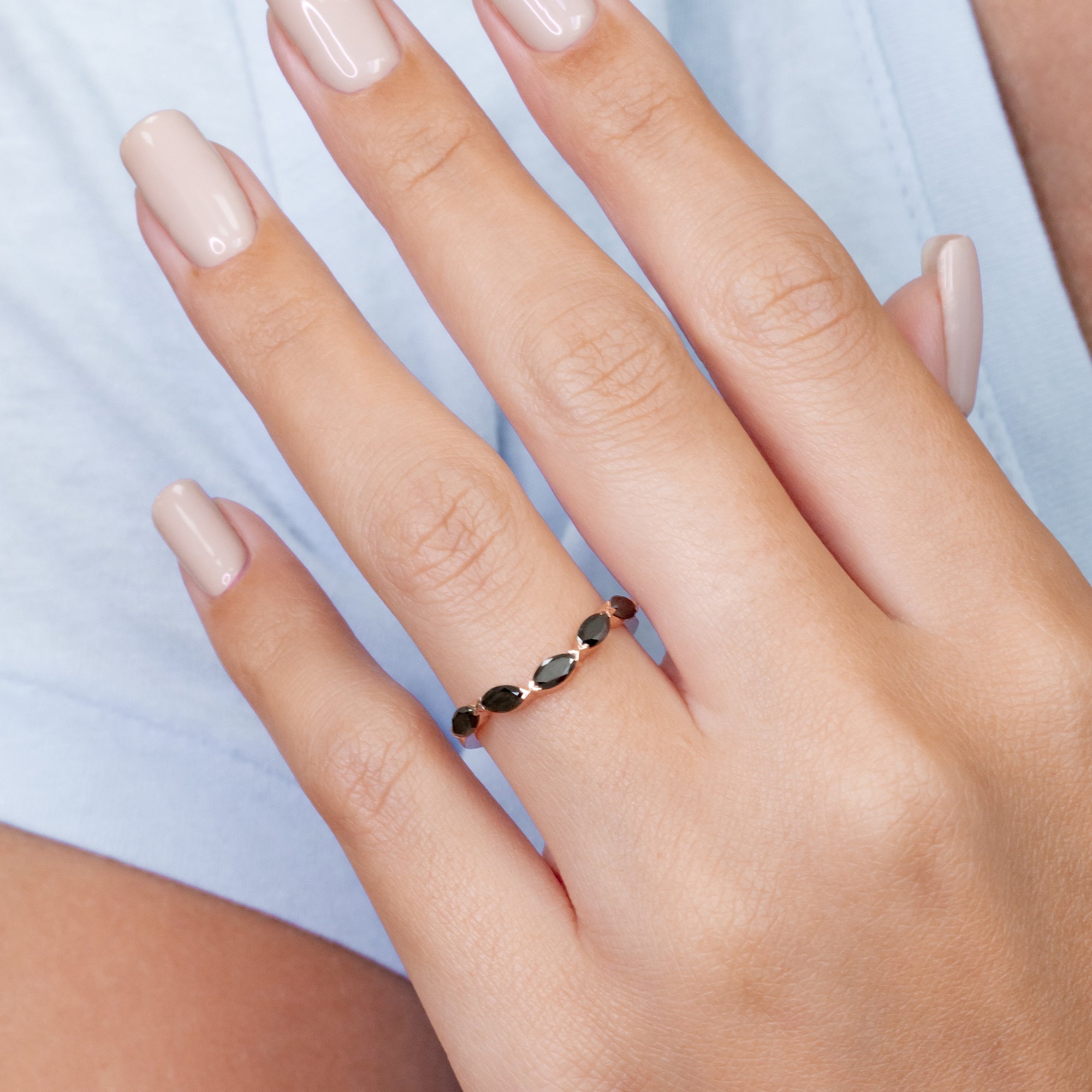 Curved Wedding Ring with Marquise Cut Natural Black Diamonds