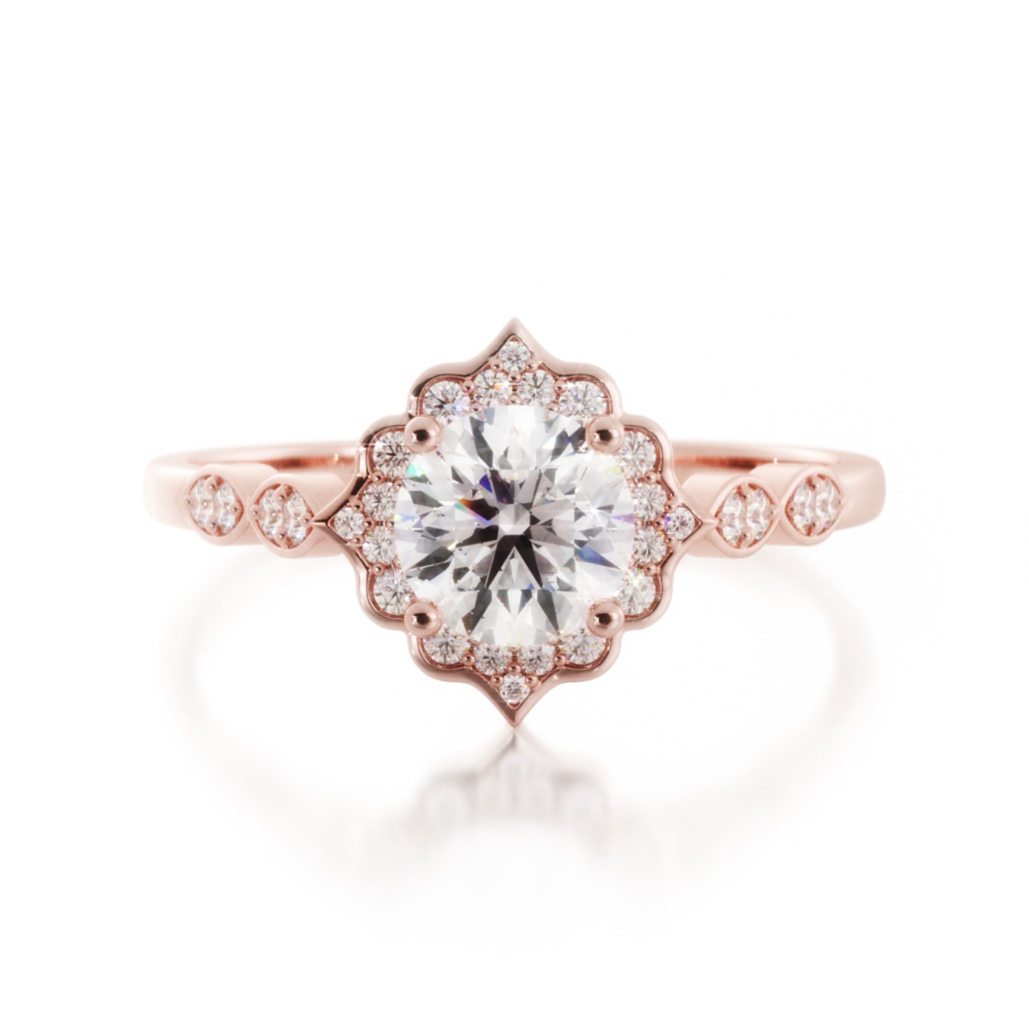 Licht - Decorative Halo Natural Round  Diamond Engagement Ring