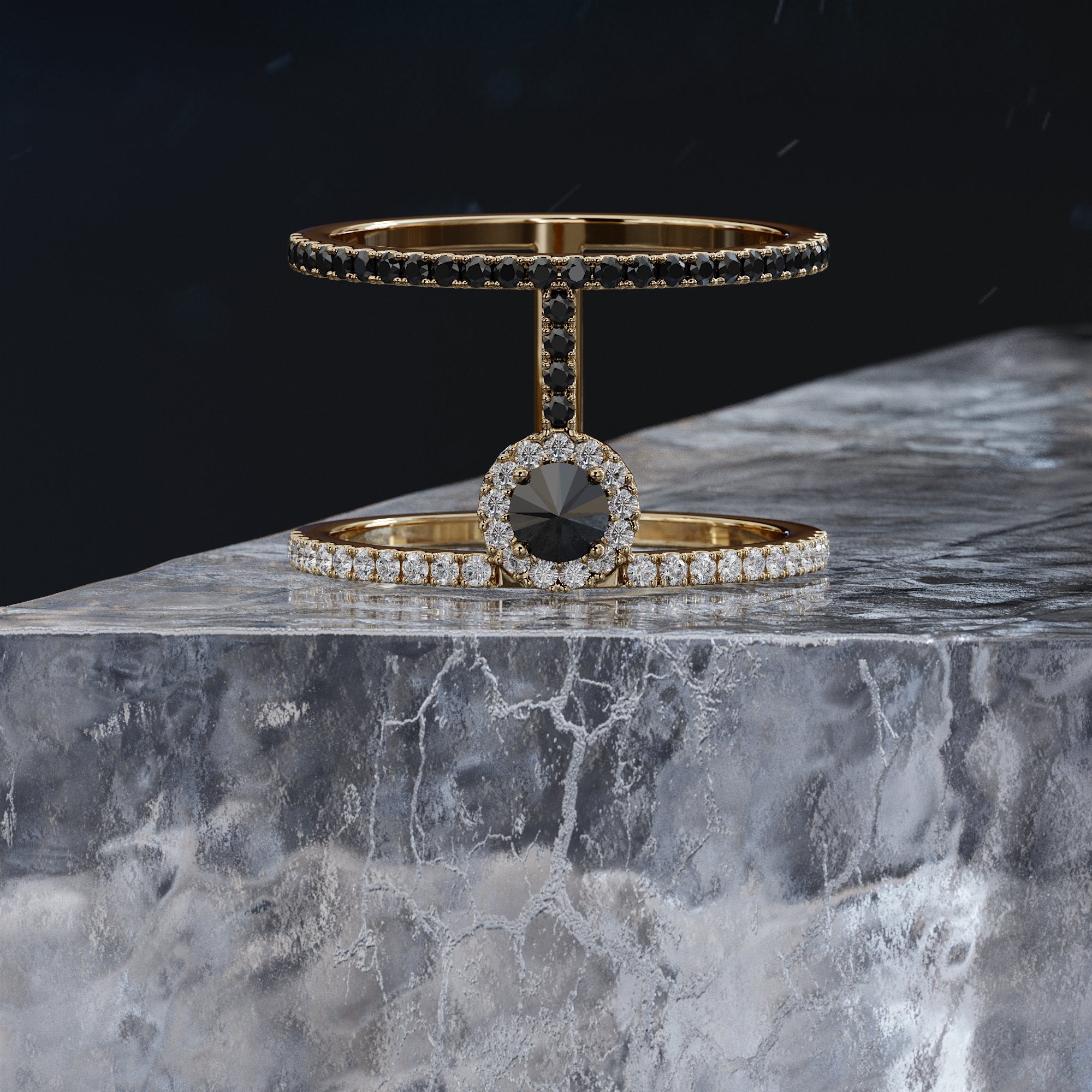 Unique  Natural Black & White Round Diamond Ring