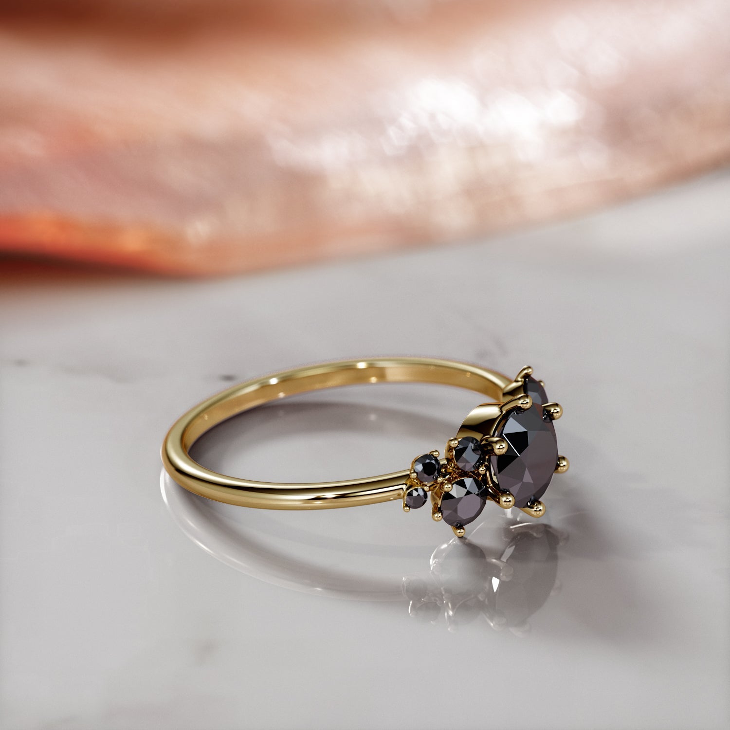 Cluster Natural Black Diamond Round Engagement Ring