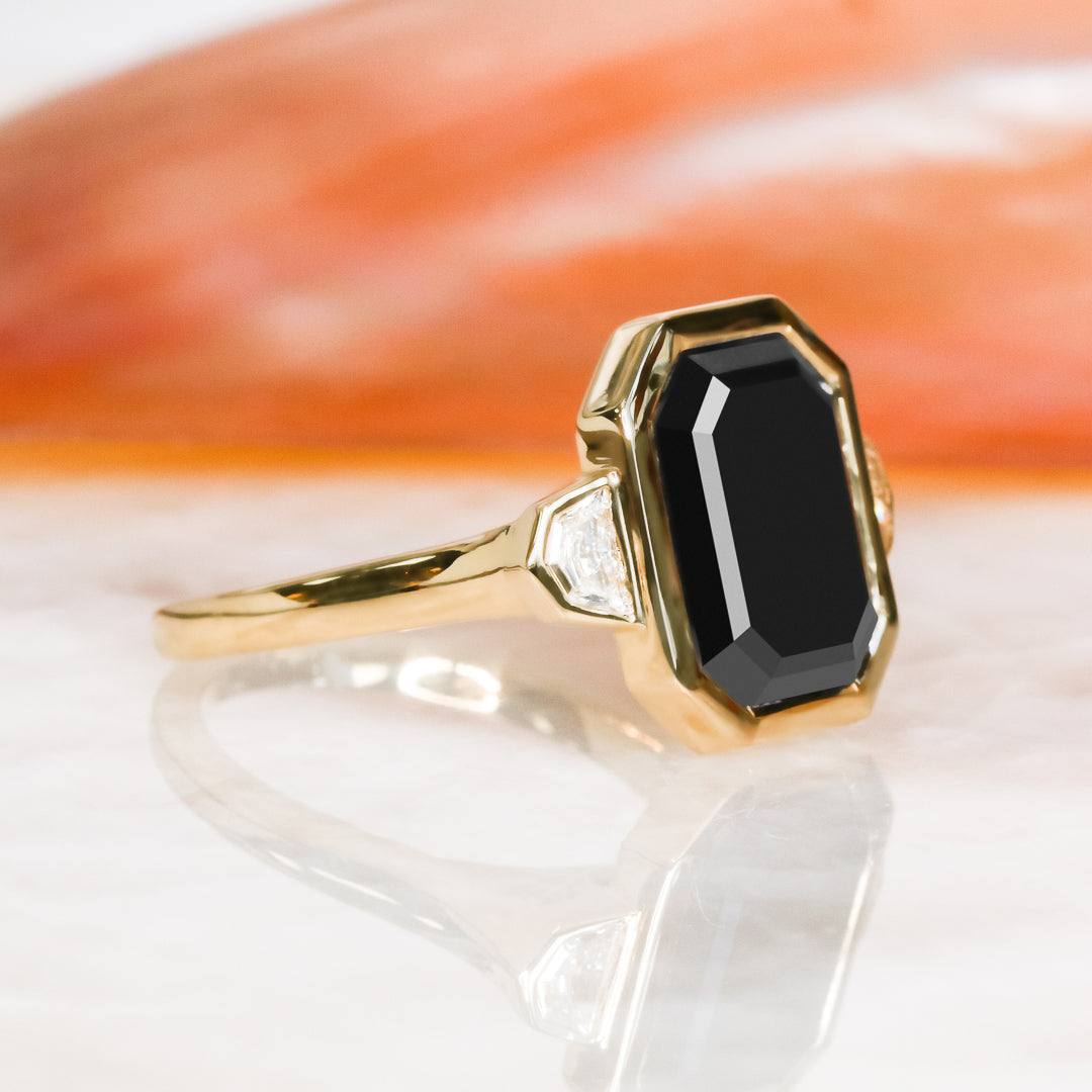 Bezel Natural Black Diamond Emerald Cut Engagement Ring