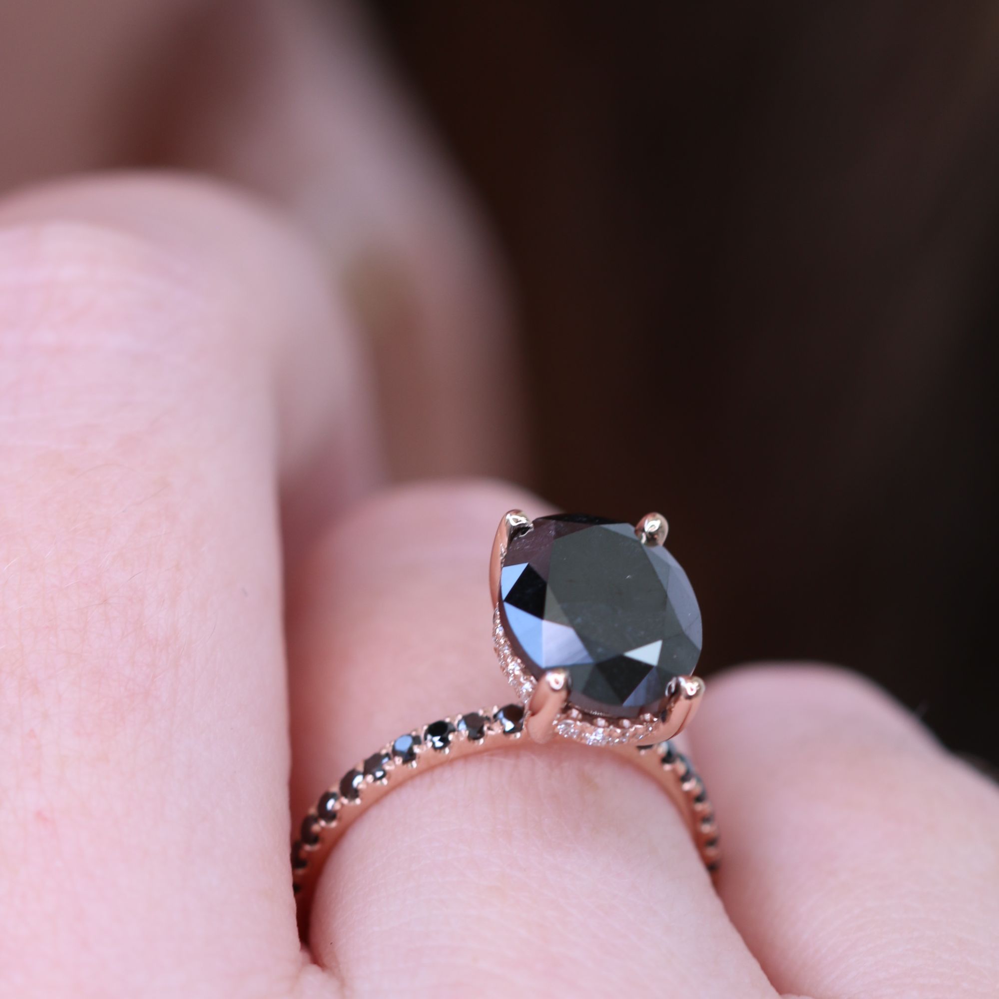 Unique  Natural Black Diamond Oval Engagement Ring