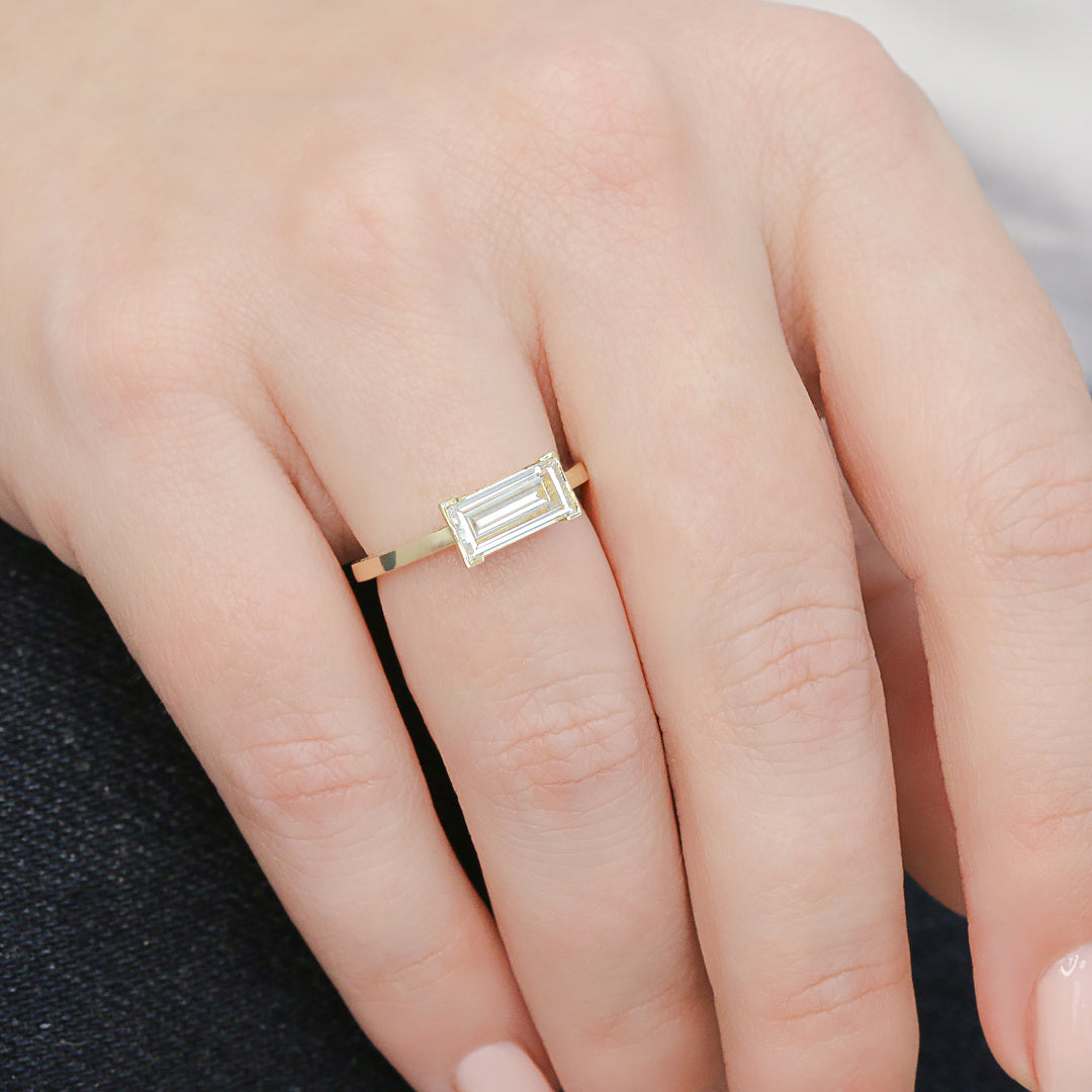 Semi Bezel Natural East-West Baguette Cut  Diamond Engagement Ring