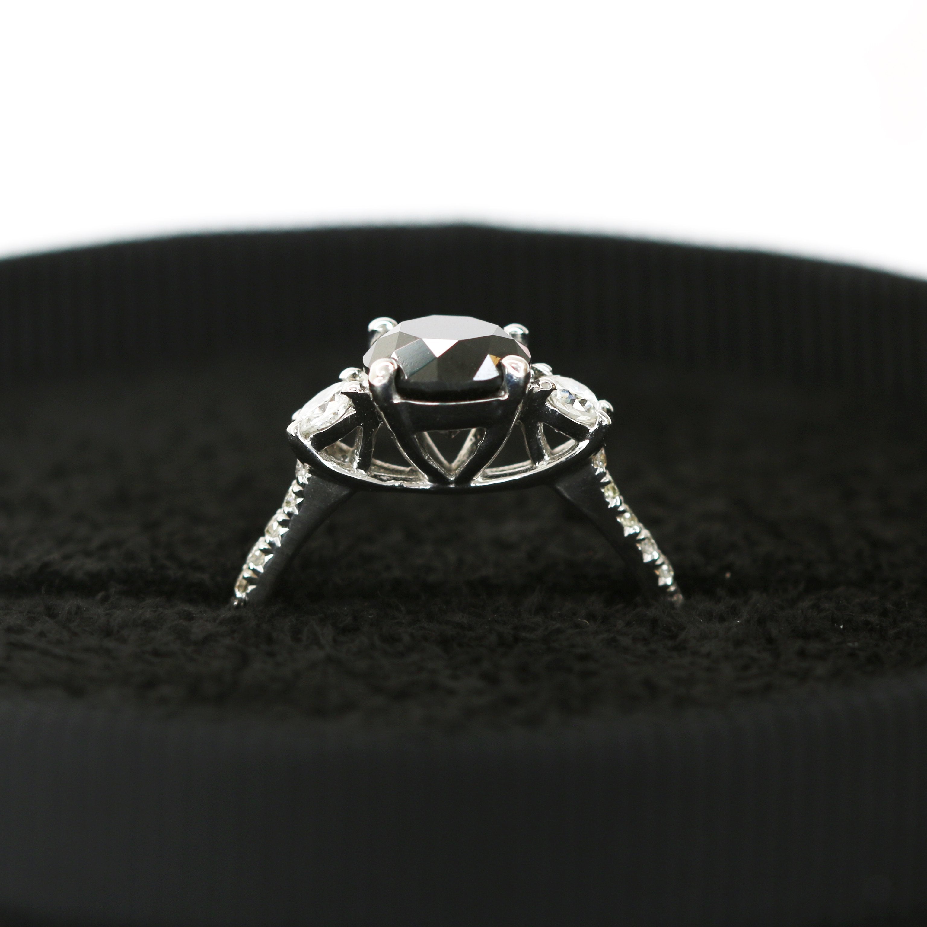 Unique  Natural Black Diamond Round Engagement Ring