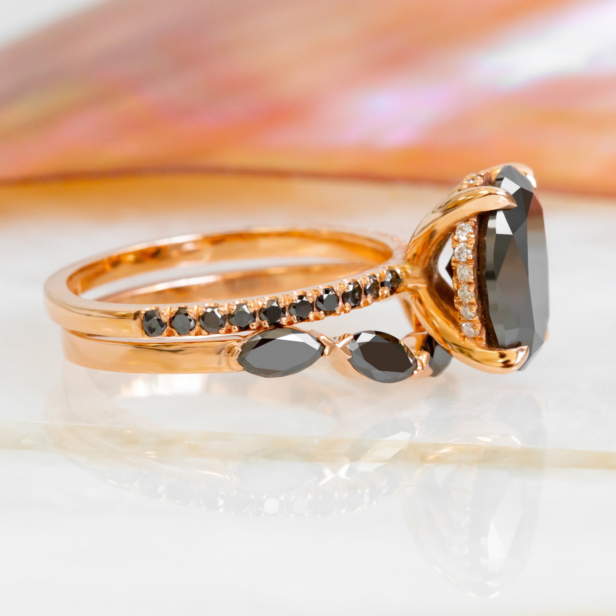 Curved Wedding Ring with Marquise Cut Natural Black Diamonds