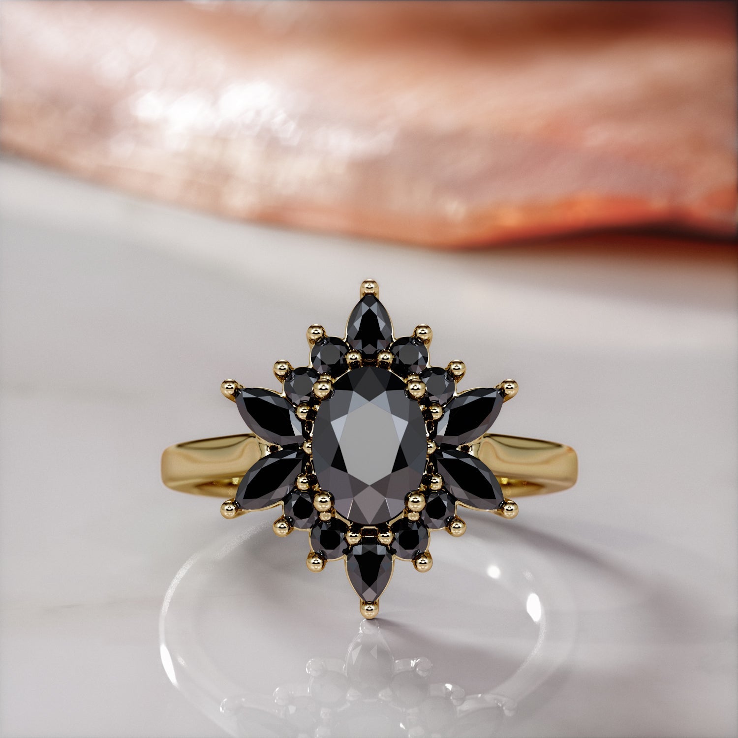 Floral  Natural Black Diamond Oval Engagement Ring