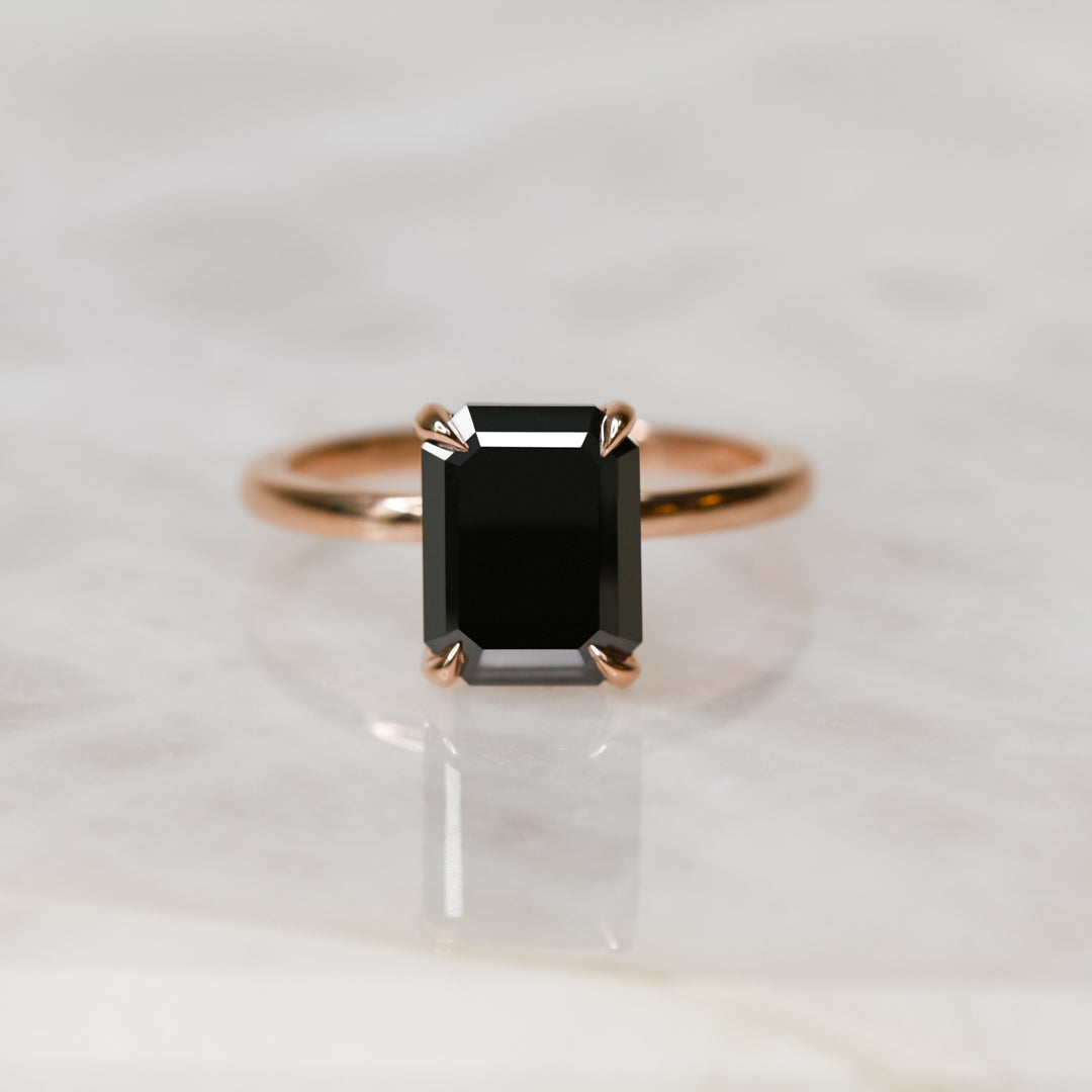 Natural Black Diamond Emerald Cut Engagement Ring