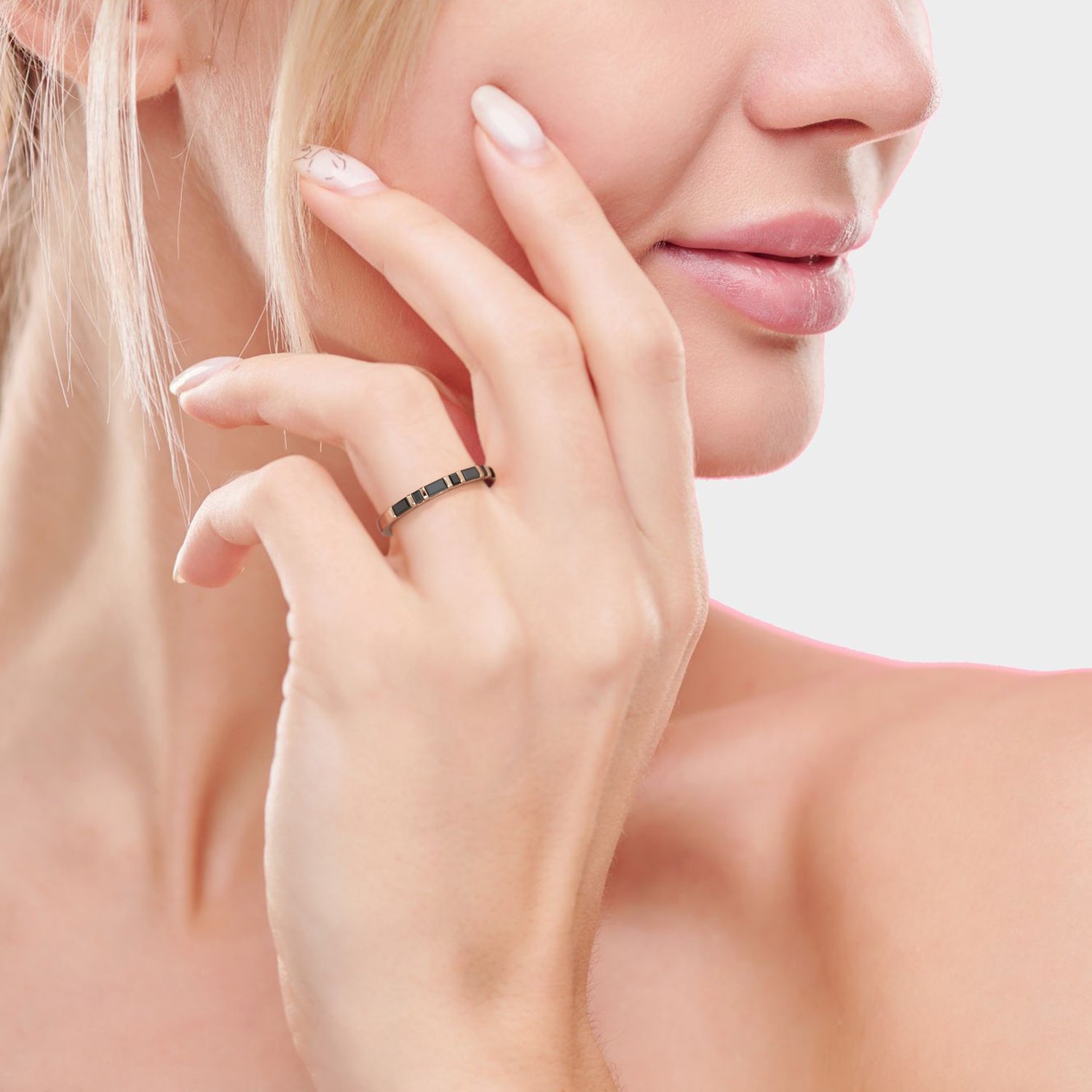 Geometric Wedding Ring with Baguette Cut Natural Black Diamonds