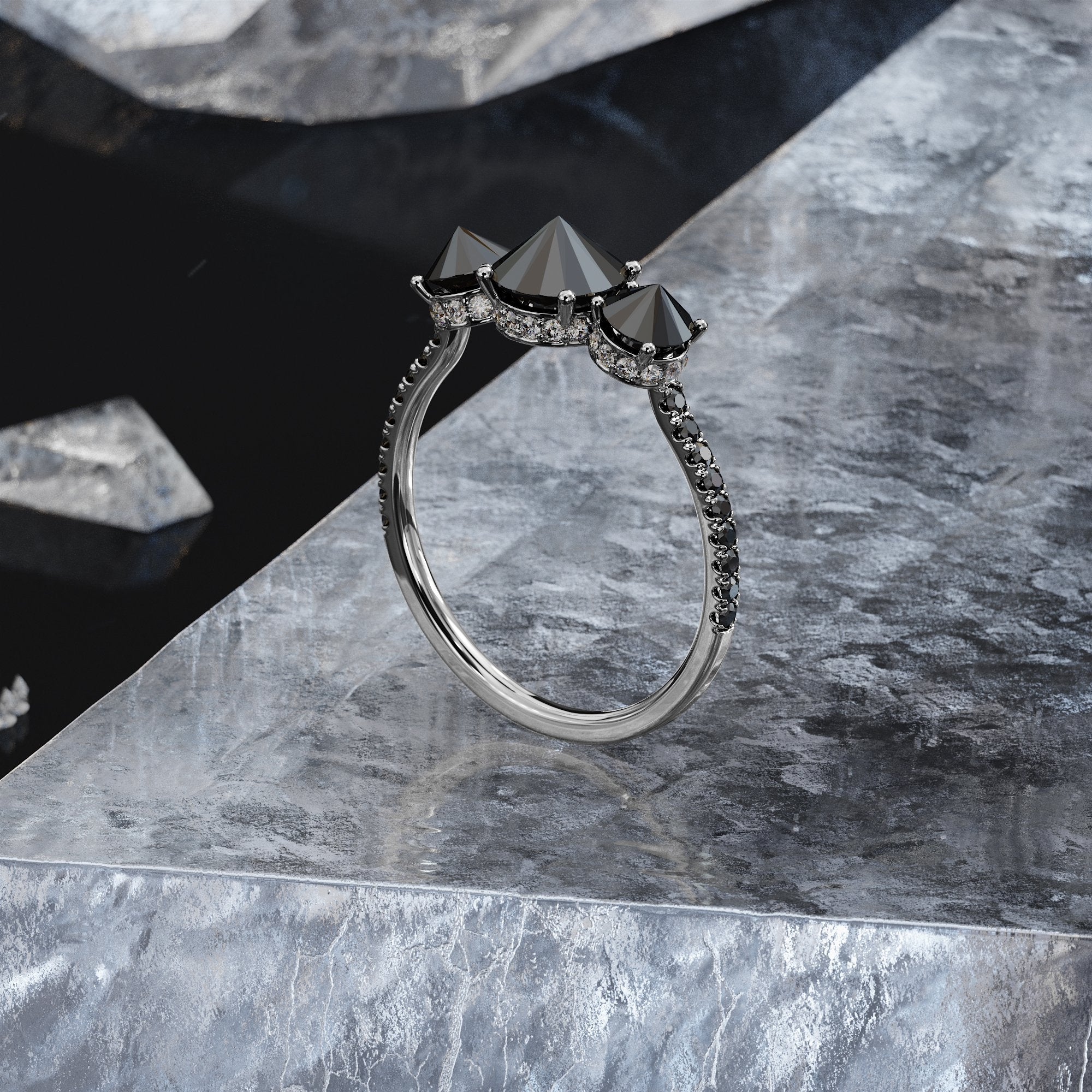 Unique  Natural Black Diamond Round Engagement Ring