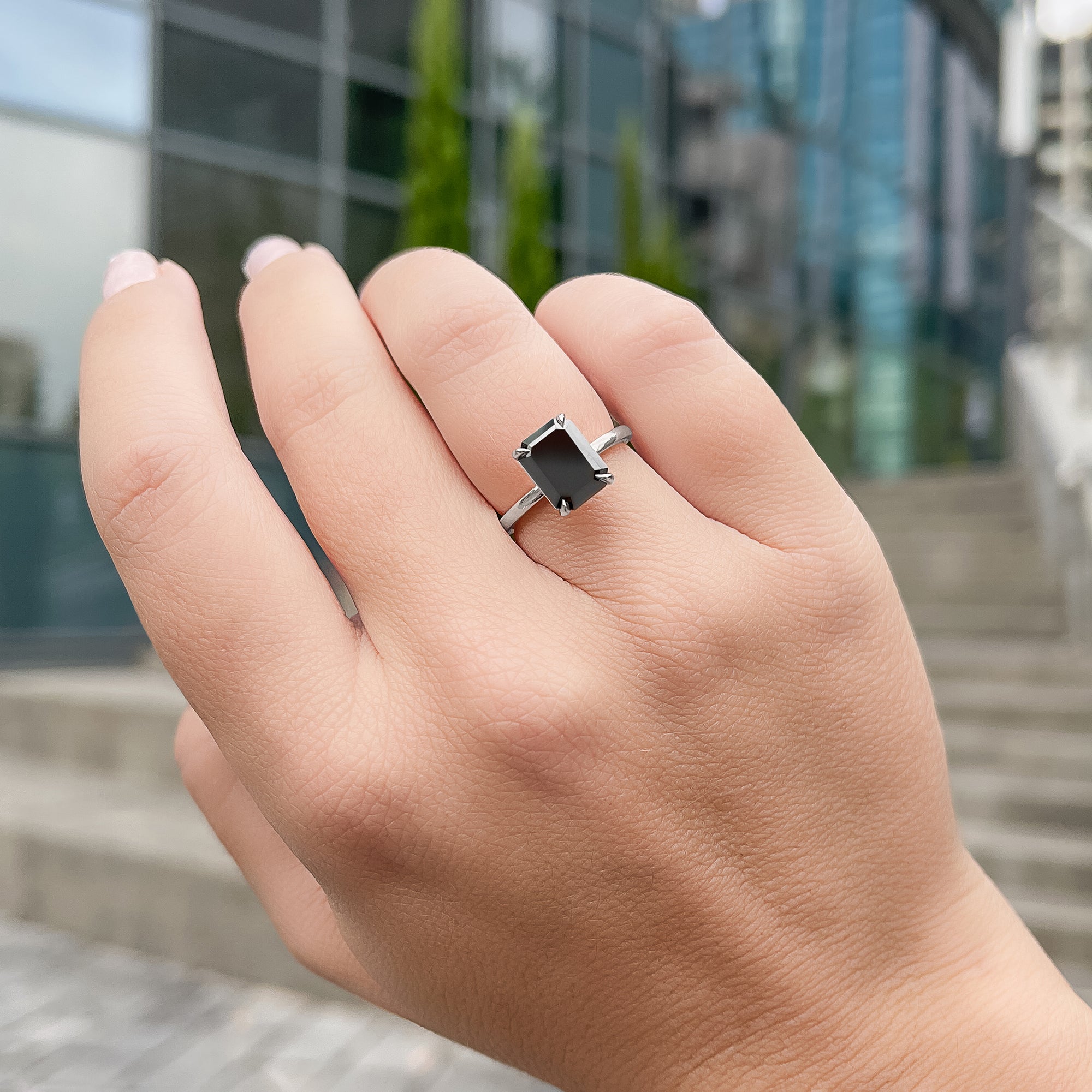 Solitaire  Natural Black Diamond Emerald Cut Engagement Ring