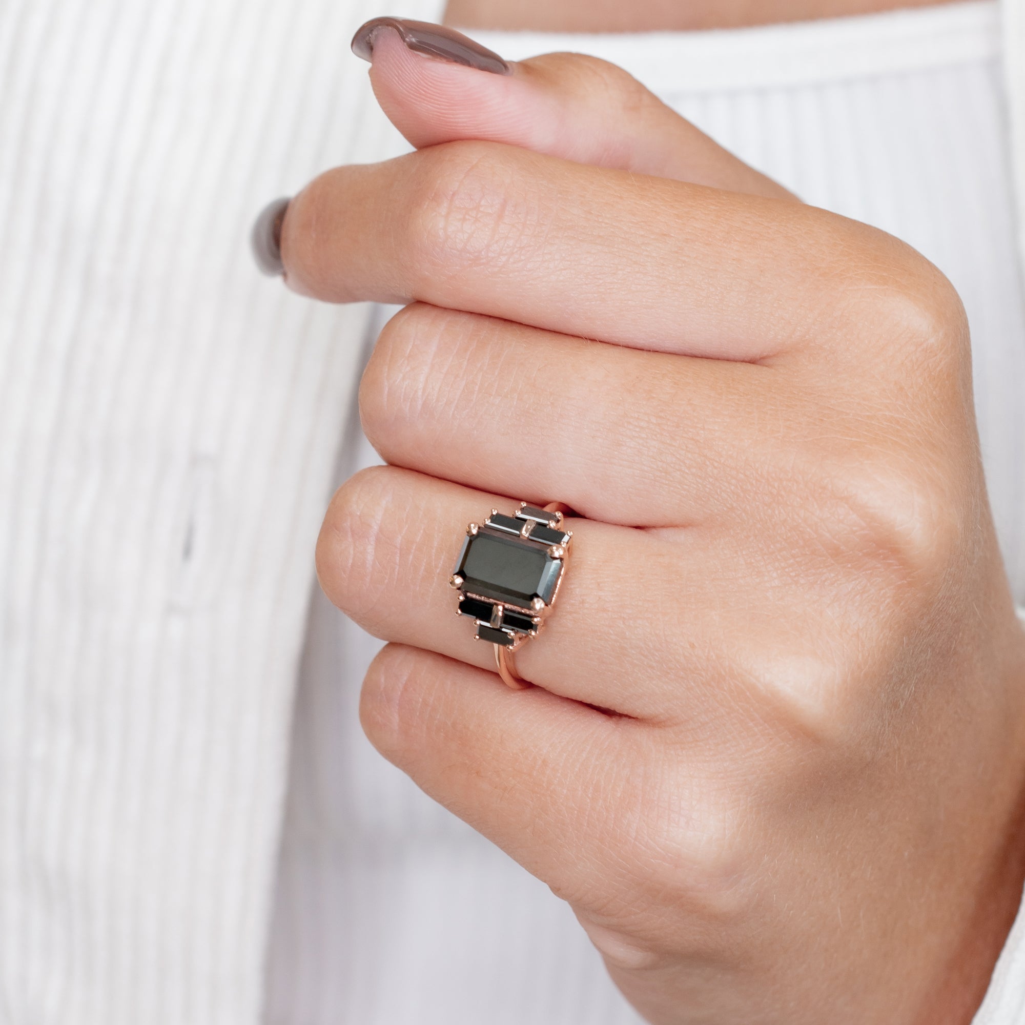 Art Deco Emerald & Baguettes Natural Black Diamond Emerald Engagement Ring