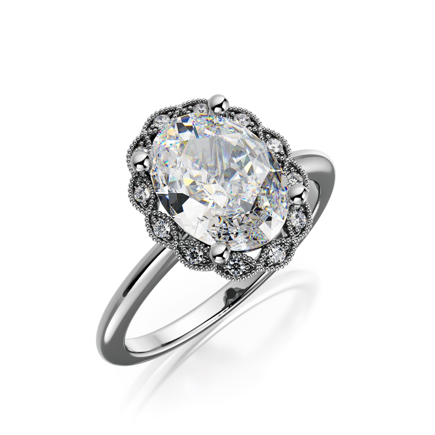 Decorative Halo Natural Oval  Diamond Engagement Ring