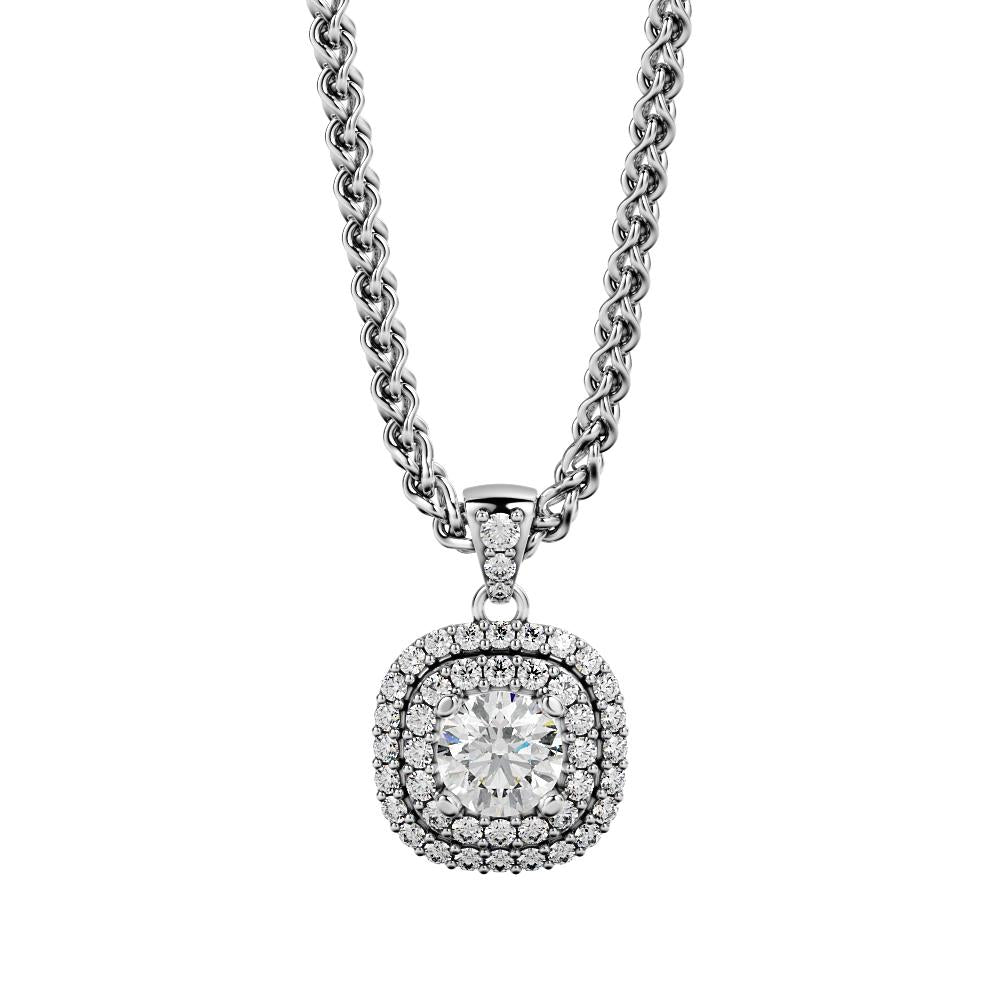 Natural Diamond Double Halo Pendant with a White Necklace