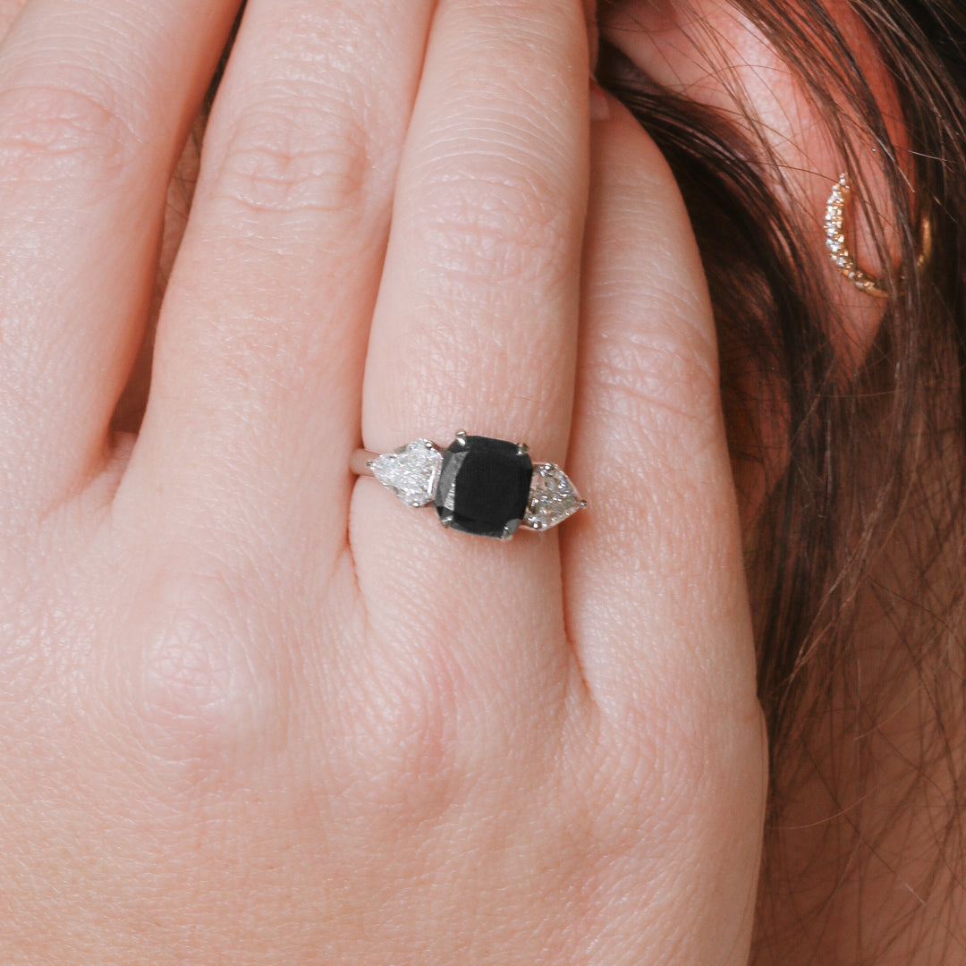 Three Stone  Natural Black Diamond Cushion
