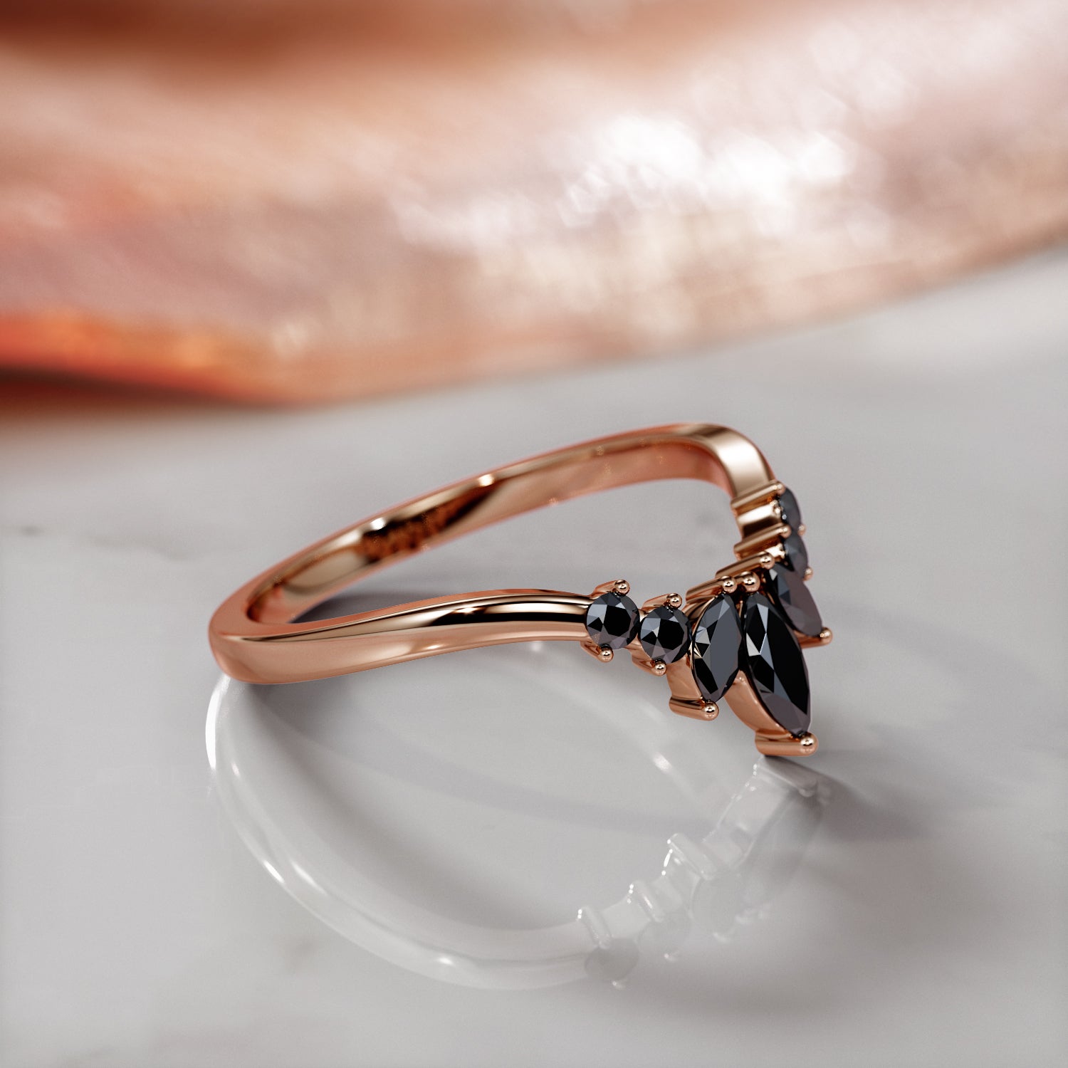 Floral Wedding Ring with Round & Marquise Cut Natural Black Diamonds