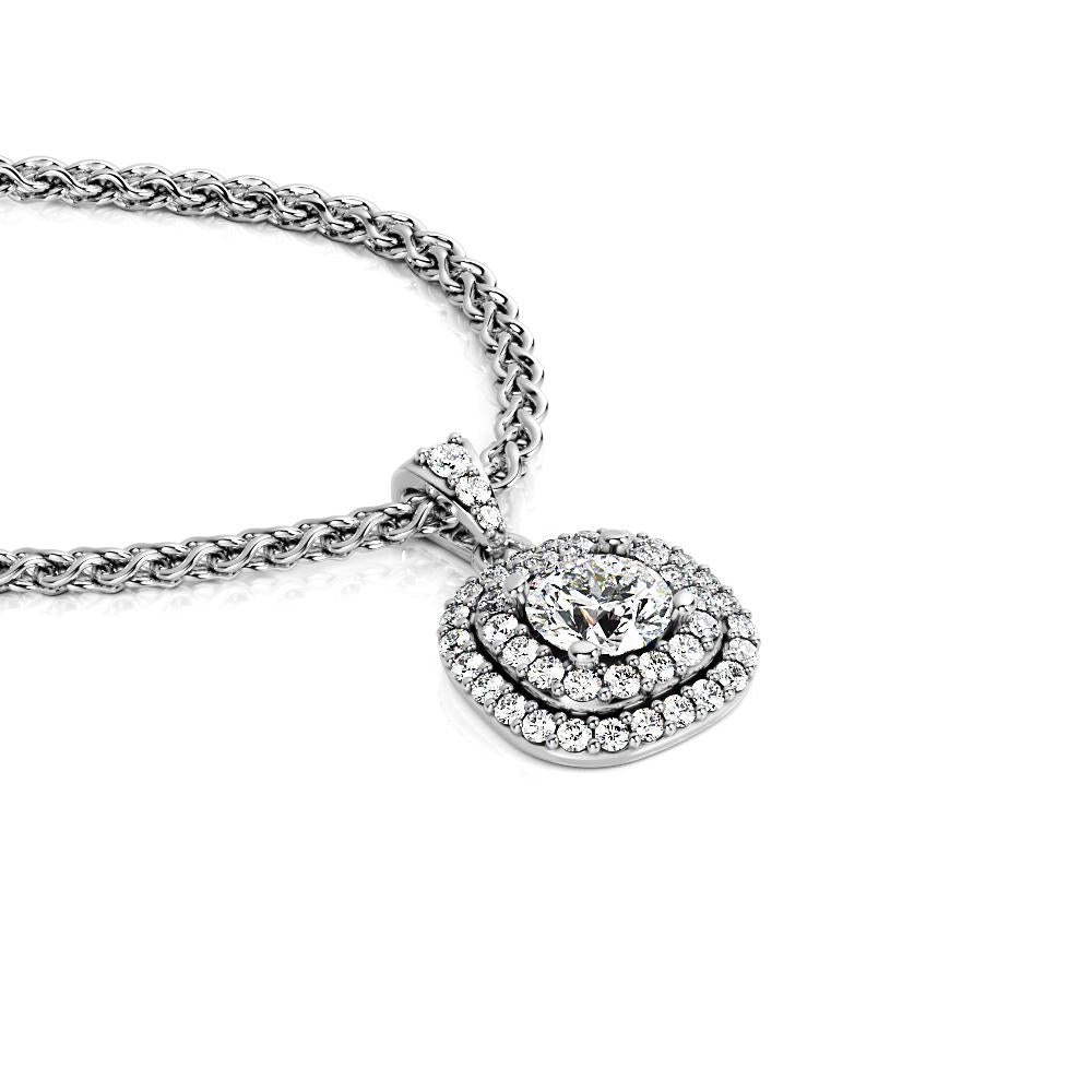 Natural Diamond Double Halo Pendant with a White Necklace