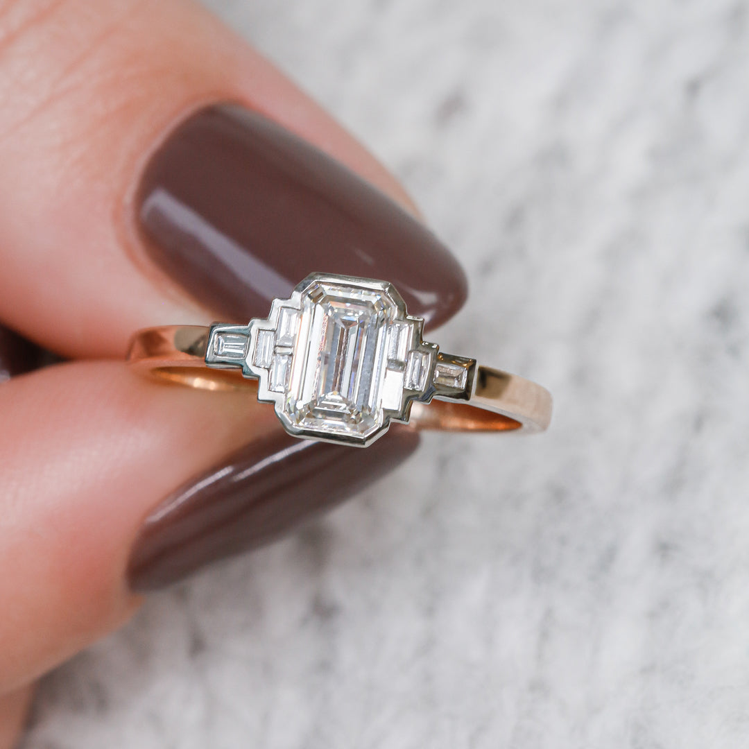 Emerald Cut & Baguette Art Deco Natural  Diamond Engagement Ring
