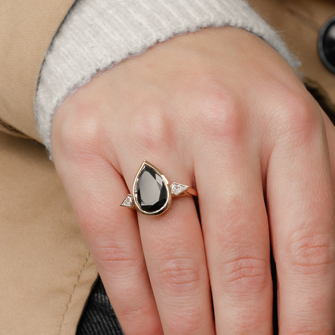 Three Stone  Natural Black Diamond Pear Engagement Ring